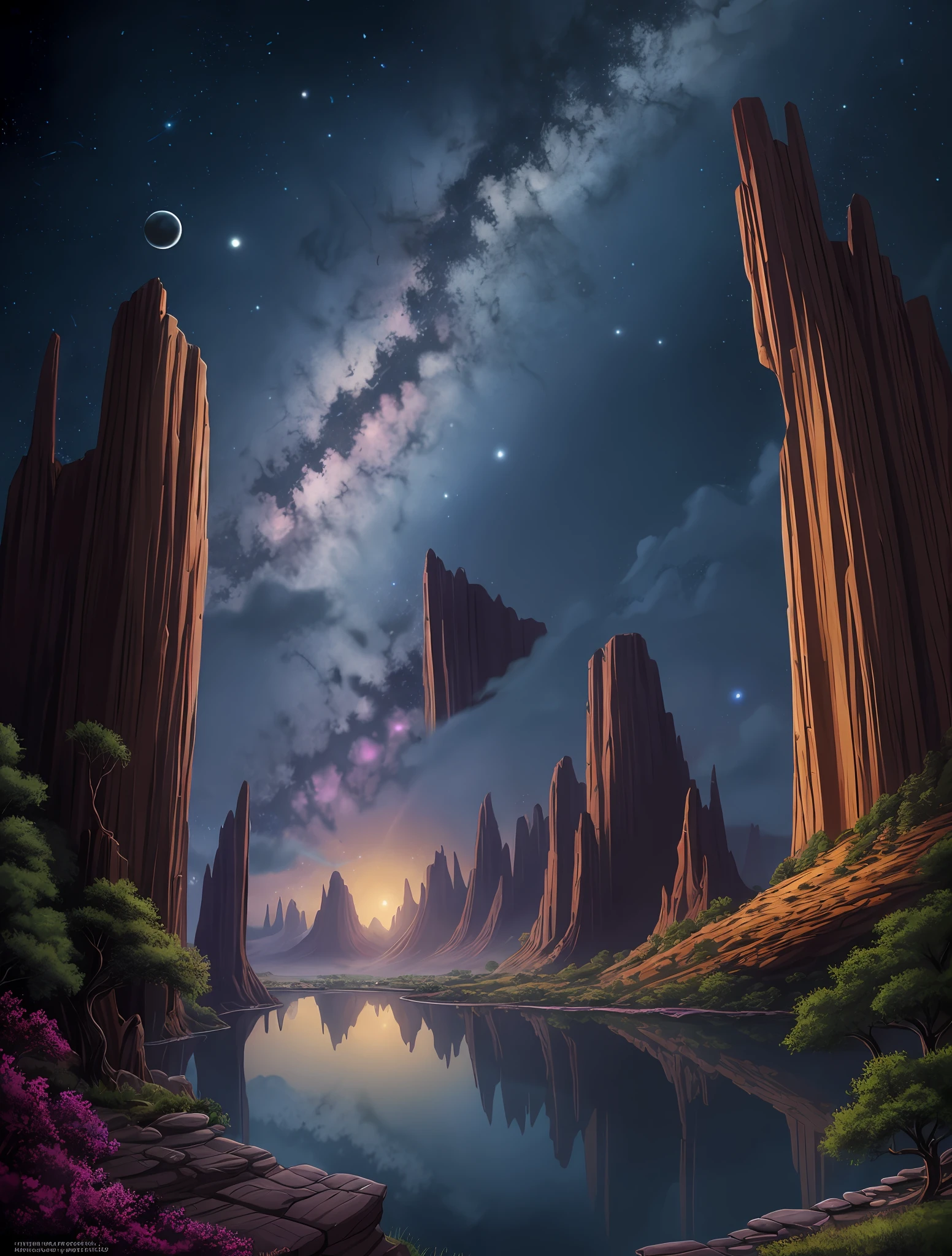 Glass fiber cliff, light, 8k, ultra high definition, HDR, Epic, Cloud-Galaxy, **highly detailed fantasy scenario depicting a dark night's journey, in the style of visionary art, isolated landscapes, panel composition mastery, alien worlds, the stars art group (xing xing), cosmos and nature, arcadian landscapes, cosmic earth in the style of digital fantasy landscapes, cosmic symbolism, steve sack, noah bradley, columns and totems, cosmic landscape,