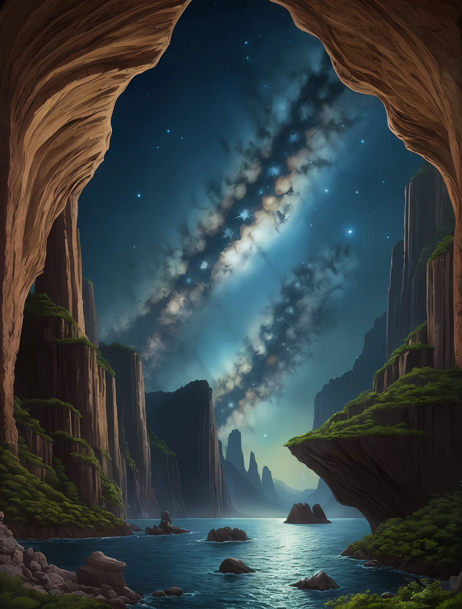 Glass fiber cliff, light, 8k, ultra high definition, HDR, Epic, Cloud-Galaxy, **highly detailed fantasy scenario depicting a dark night's journey, in the style of visionary art, isolated landscapes, panel composition mastery, alien worlds, the stars art group (xing xing), cosmos and nature, arcadian landscapes, cosmic earth in the style of digital fantasy landscapes, cosmic symbolism, steve sack, noah bradley, columns and totems, cosmic landscape,