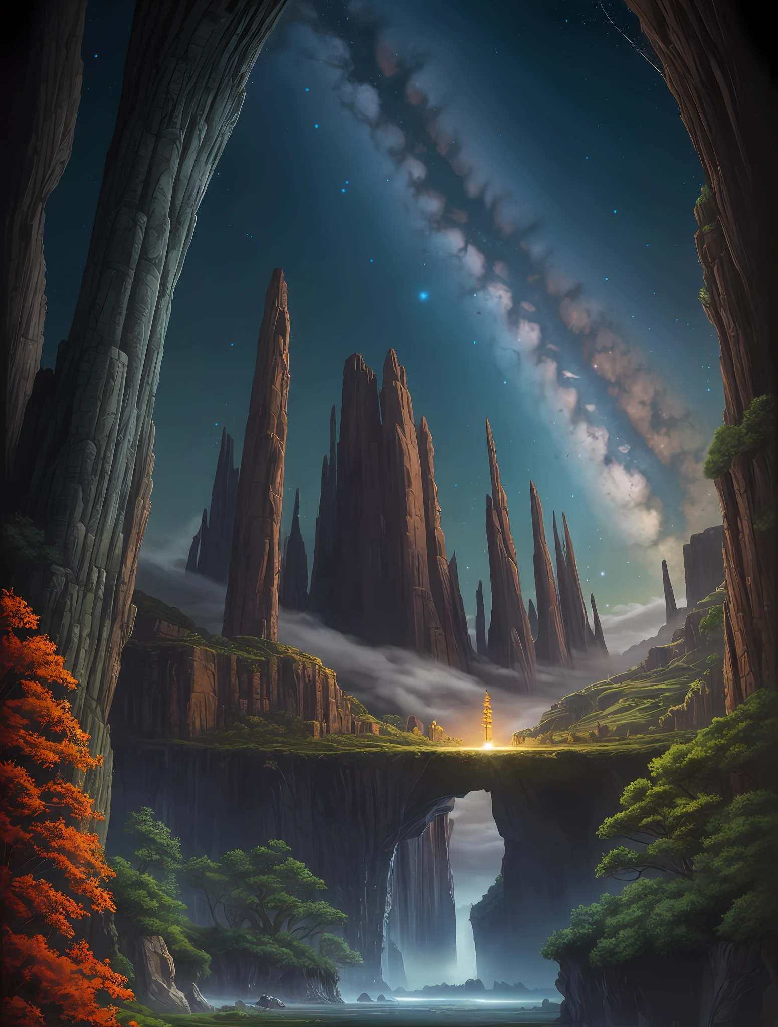 Glass fiber cliff, light, 8k, ultra high definition, HDR, Epic, Cloud-Galaxy, **highly detailed fantasy scenario depicting a dark night's journey, in the style of visionary art, isolated landscapes, panel composition mastery, alien worlds, the stars art group (xing xing), cosmos and nature, arcadian landscapes, cosmic earth in the style of digital fantasy landscapes, cosmic symbolism, steve sack, noah bradley, columns and totems, cosmic landscape,