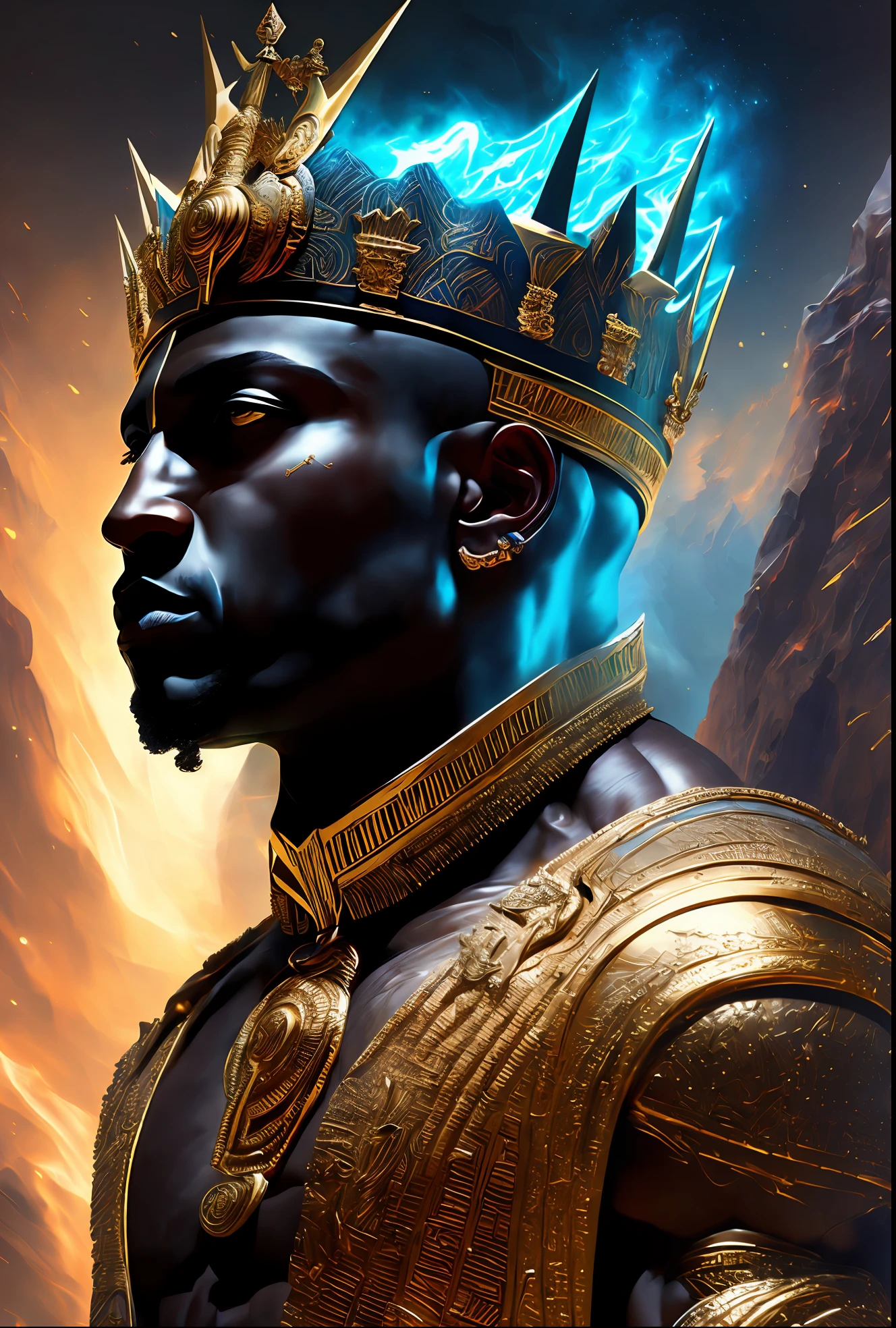 Highly (dynamic:1.2) scene art detailed (rutkowski:1.2) pharaoh ((crown of ramses)), handsome, (dark skin:1.5), ((bald head)) ((muscular)), (fantastic amazing decoration:1.2), abstract beauty, explosive volumetric, Delightful anatomy, (fantastic god perfect art, 64k ultra hd:1.1), (art by apterus, art by dan mumford:1.2)