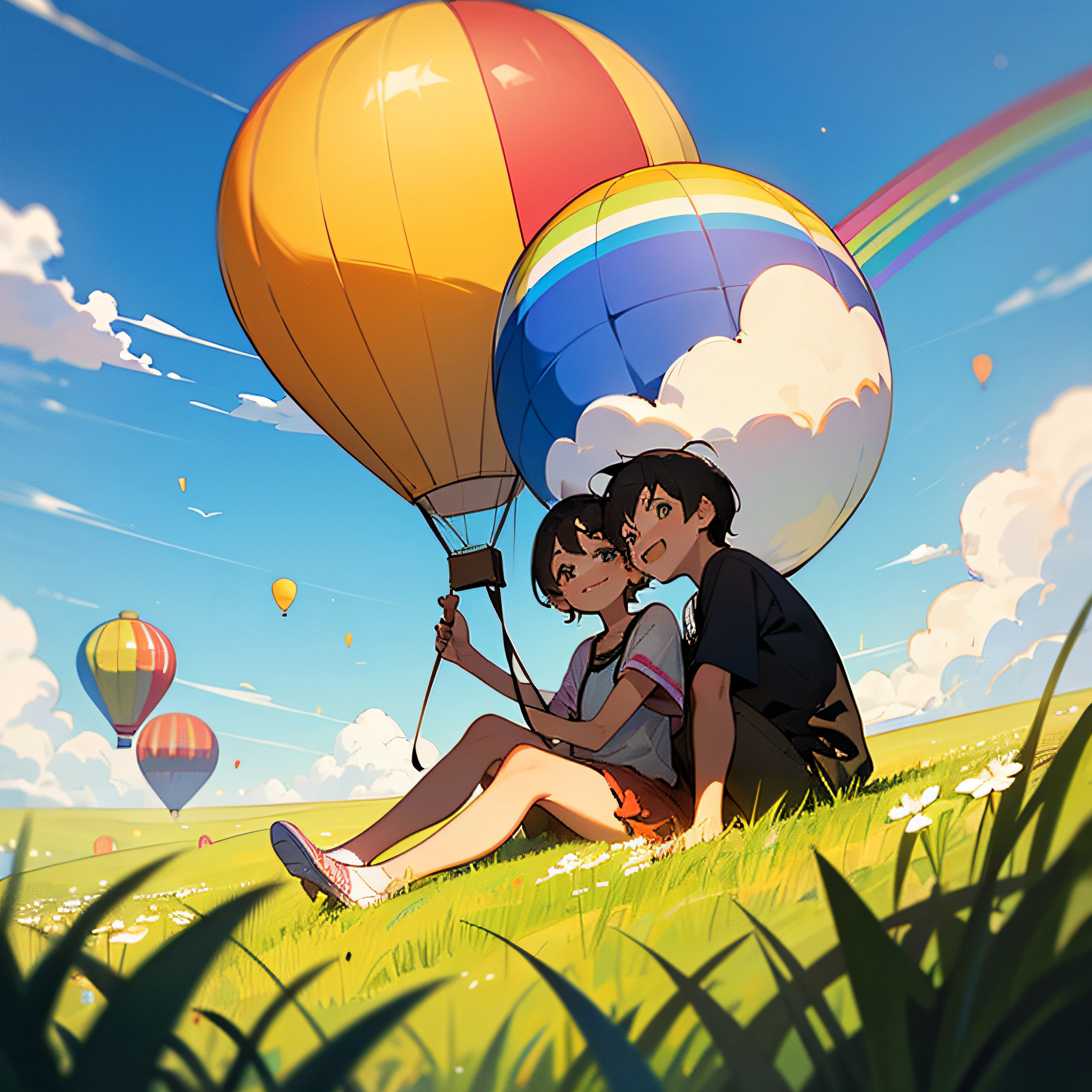 (Masterpiece, best ultra HD quality) Two children sitting in a hot air balloon flying in the sky, smiling, fine facial features, sun, clear blue sky and white clouds, rainbow, meadow, summer - ultra HD quality --auto