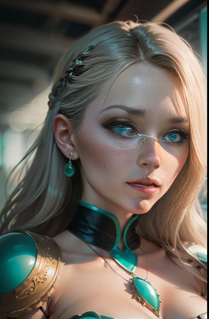 hyper realistic, ultra detailed photograph of a barbarian woman, ((Jade ocean:1.25)), golden jewelry, shiny, sunlight fractal details, (Anna Steinbauer:1.5), depth of field, HOF, hall of fame, detailed gorgeous face, apocalyptic environment, natural body posture, professional photographer, captured with professional DSLR camera, trending on Artstation, 64k, ultra detailed, ultra accurate detailed, bokeh lighting, surrealism, Thomas Kinkade background, urban, ultra unreal engine, ((Pauline Voß)), ((Pascal Quidault)), ((Anna Helme)), Martina Fackova, intricate, epic, freckles, peach fuzz, detailed mascara