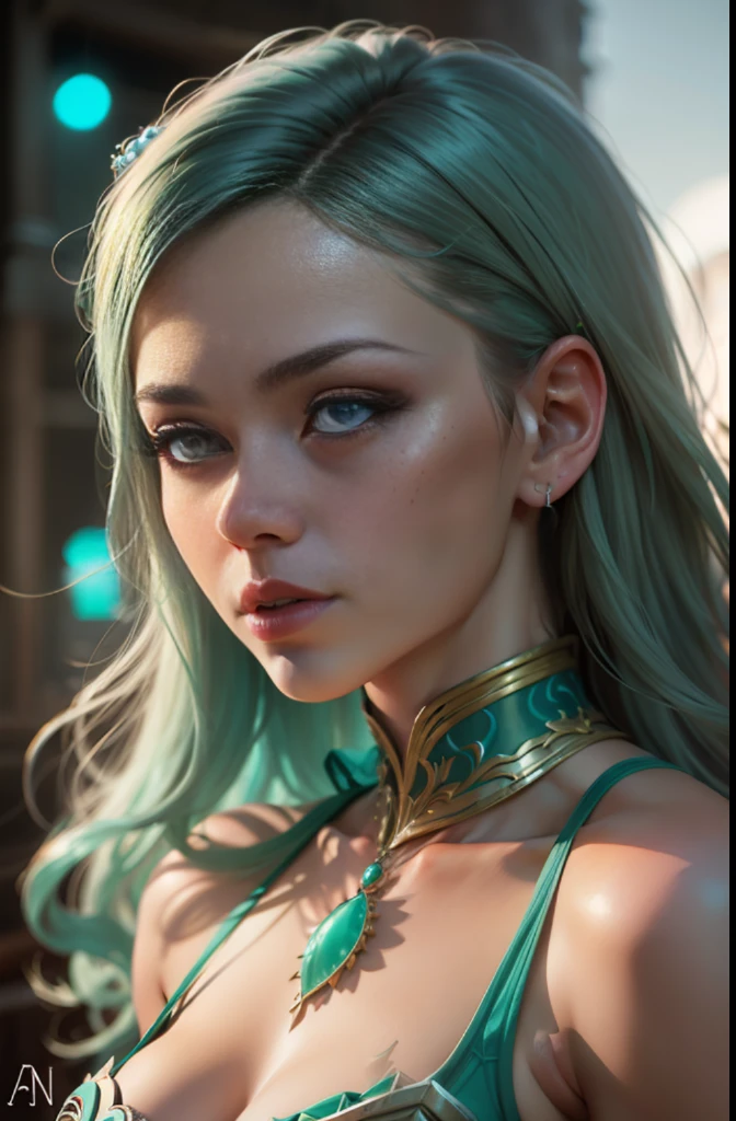 hyper realistic, ultra detailed photograph of a barbarian woman, ((Jade ocean:1.25)), golden jewelry, shiny, sunlight fractal details, (Anna Steinbauer:1.5), depth of field, HOF, hall of fame, detailed gorgeous face, apocalyptic environment, natural body posture, professional photographer, captured with professional DSLR camera, trending on Artstation, 64k, ultra detailed, ultra accurate detailed, bokeh lighting, surrealism, Thomas Kinkade background, urban, ultra unreal engine, ((Pauline Voß)), ((Pascal Quidault)), ((Anna Helme)), Martina Fackova, intricate, epic, freckles, peach fuzz, detailed mascara