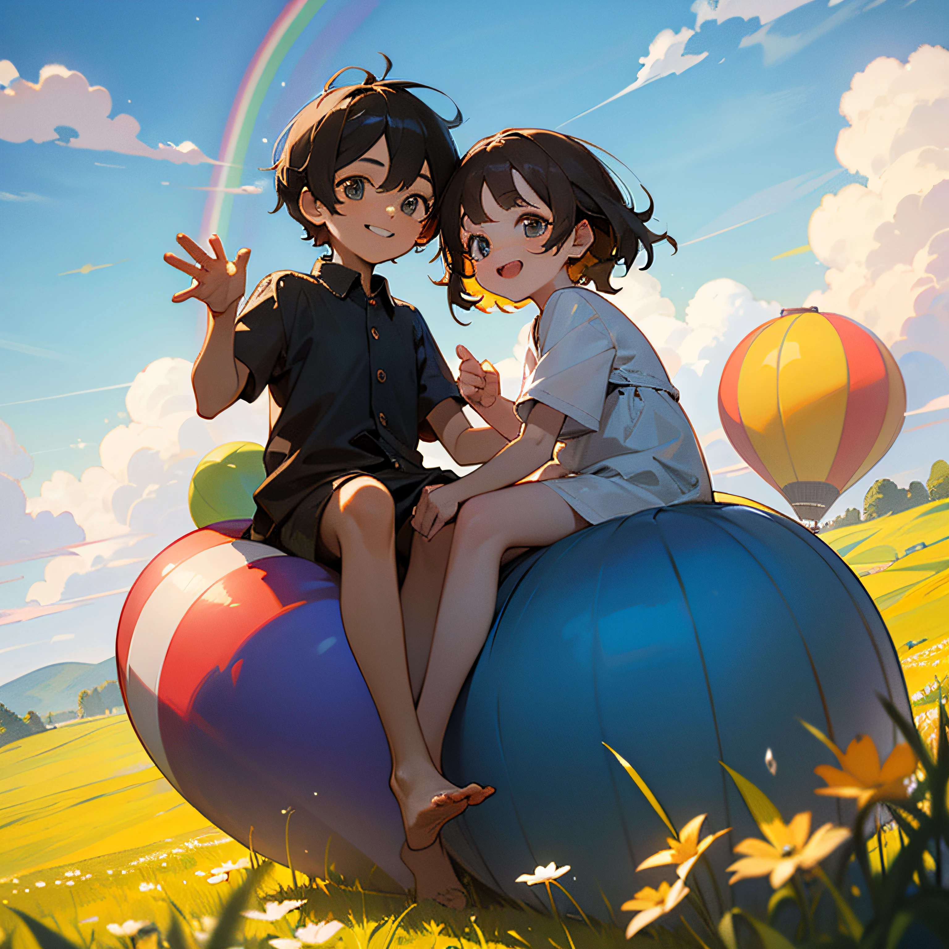 (Masterpiece, best ultra HD quality) Two children sitting in a hot air balloon flying in the sky, smiling, fine facial features, sun, clear blue sky and white clouds, rainbow, meadow, summer - ultra HD quality --auto