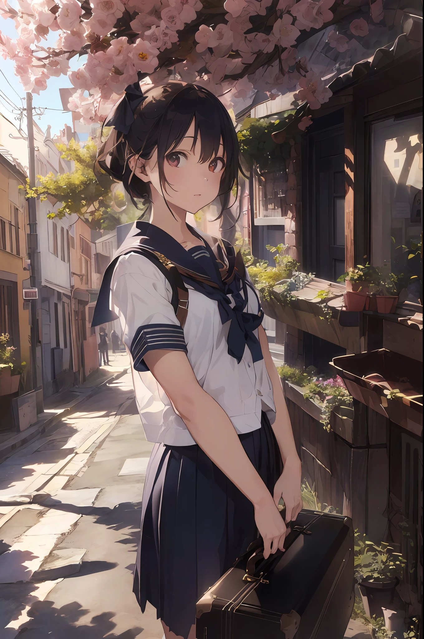 (extremely detailed CG unity 8k wallpaper,masterpiece, best quality, ultra-detailed, beautiful detailed eyes:1.2),best illumination, (best shadow, an extremely delicate and beautiful, bloom),1gril,solo, seifuku, brown clothes,arafed  ,woman in a school uniform holding a brown suitcase, loose coat collar sailor uniform