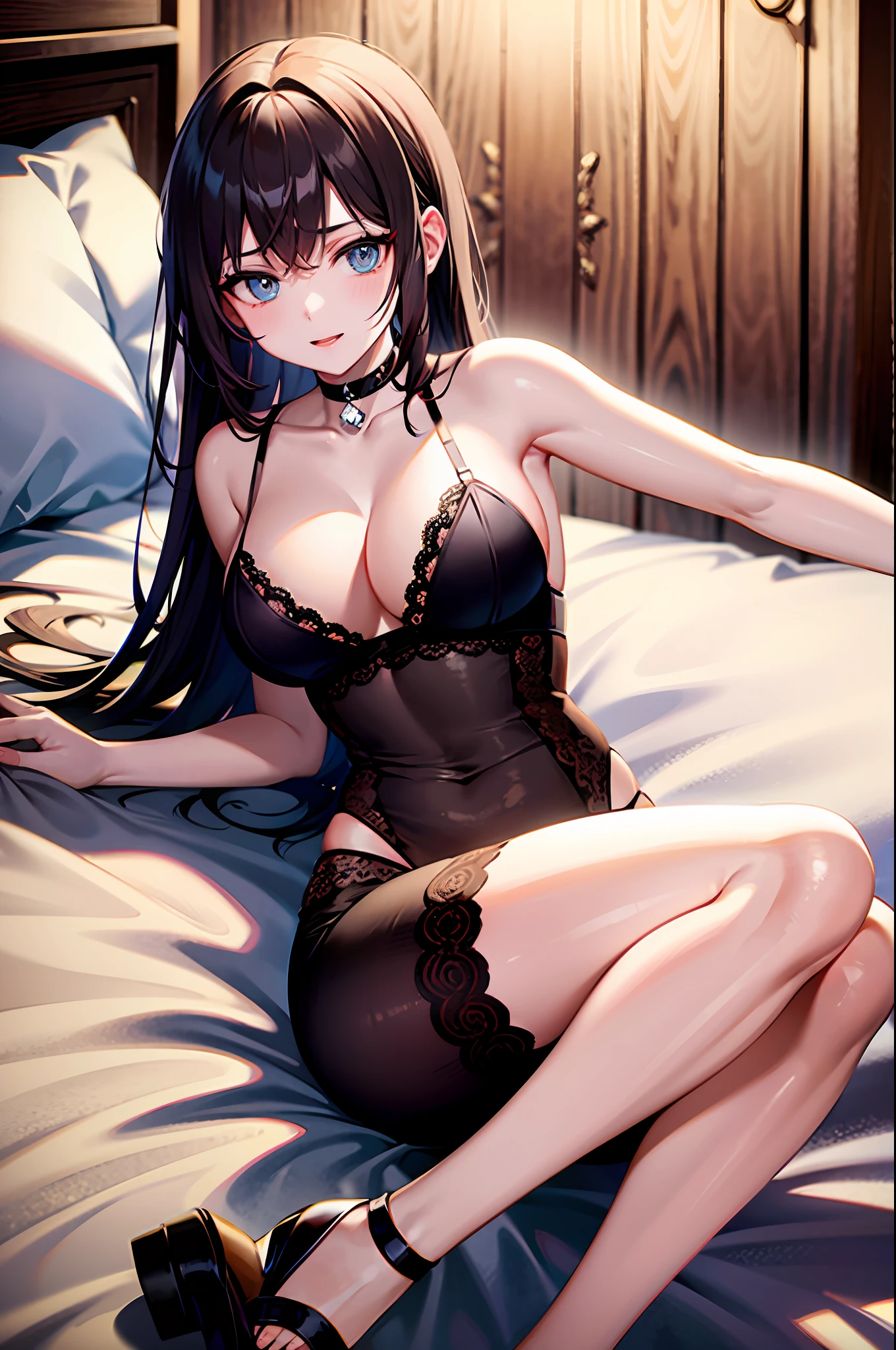Eccentric girl lying in lingerie who is about to be attacked on the bed