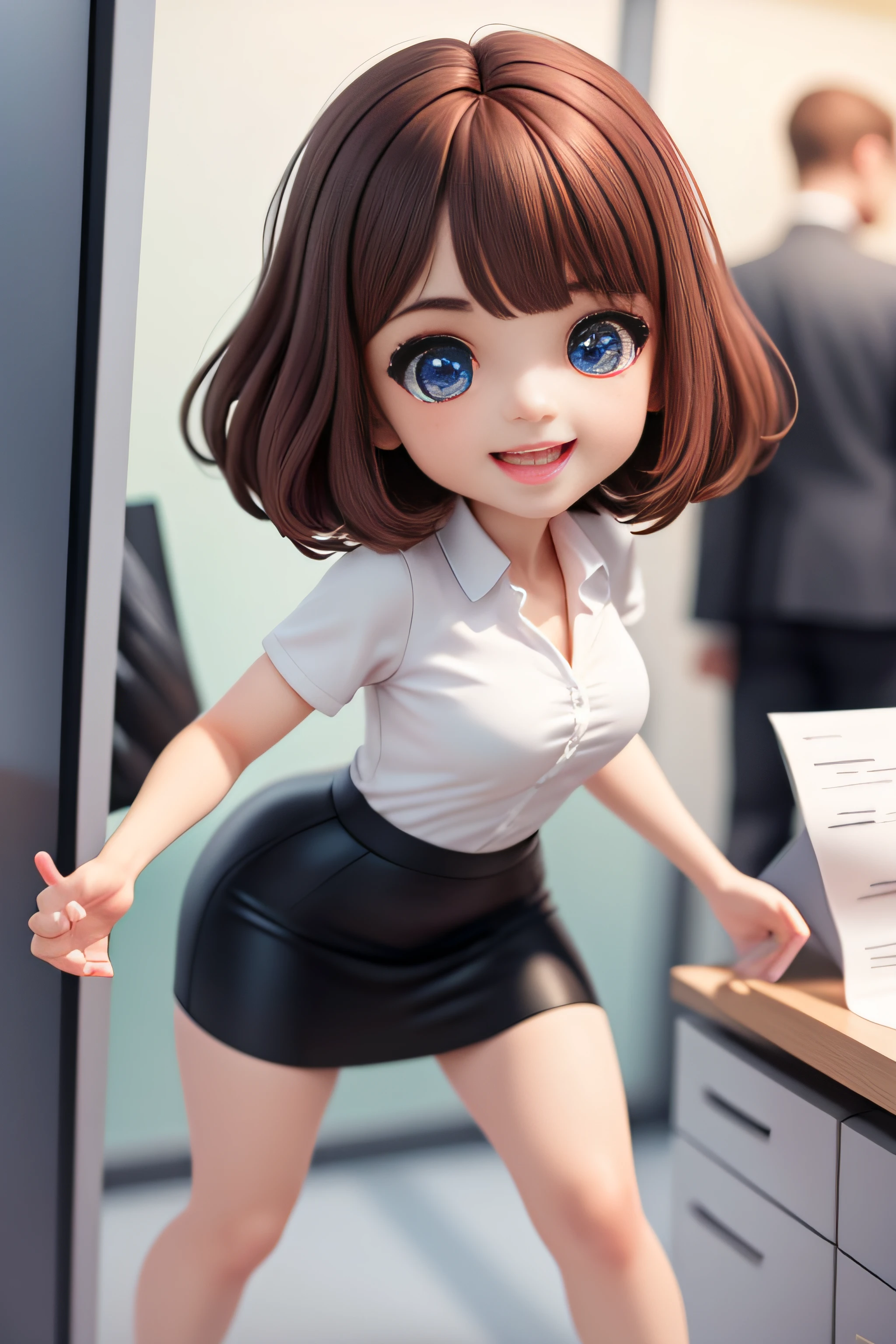 full body, chibi,(masterpiece)(best quality)(super detail),(full body: 1.2)), (girl)))), 20 year old office lady 1, sexy pose, train, cute, smile, open mouth, very slim body, blush, black suit, short hair, company, office, blur, brown hair, black skirt, bangs, black hair, (beautiful detailed face), (beautiful detailed eyes), dynamic poses, dynamic angles,