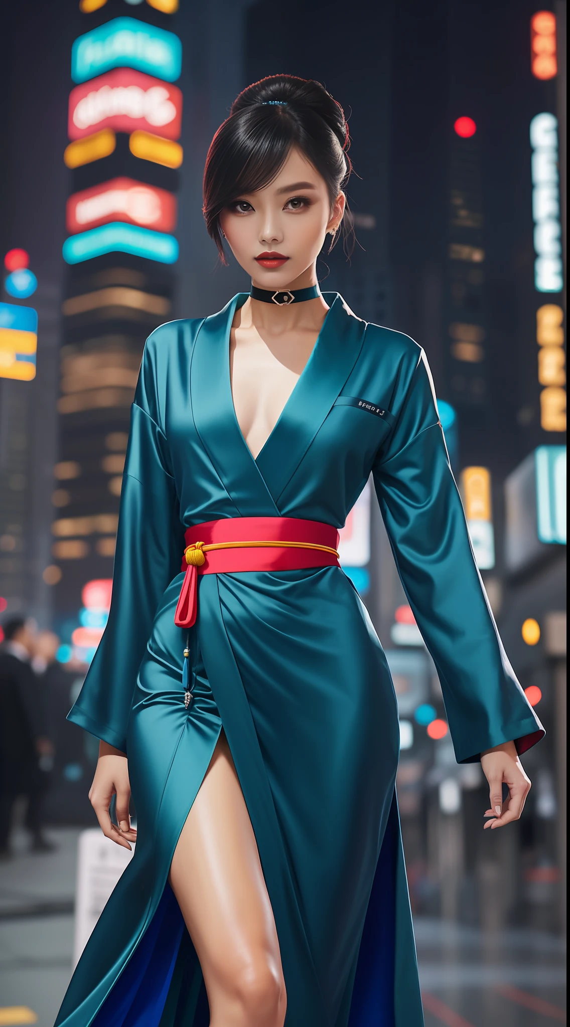 sleek and futuristic ensemble, sporting a modern kimono-inspired dress or tailored suit in bold colors like electric blue or metallic silver. With background of towering neon-lit skyscrapers, strikes a poised yet dynamic pose, reflecting its blend of ancient customs and cutting-edge technology