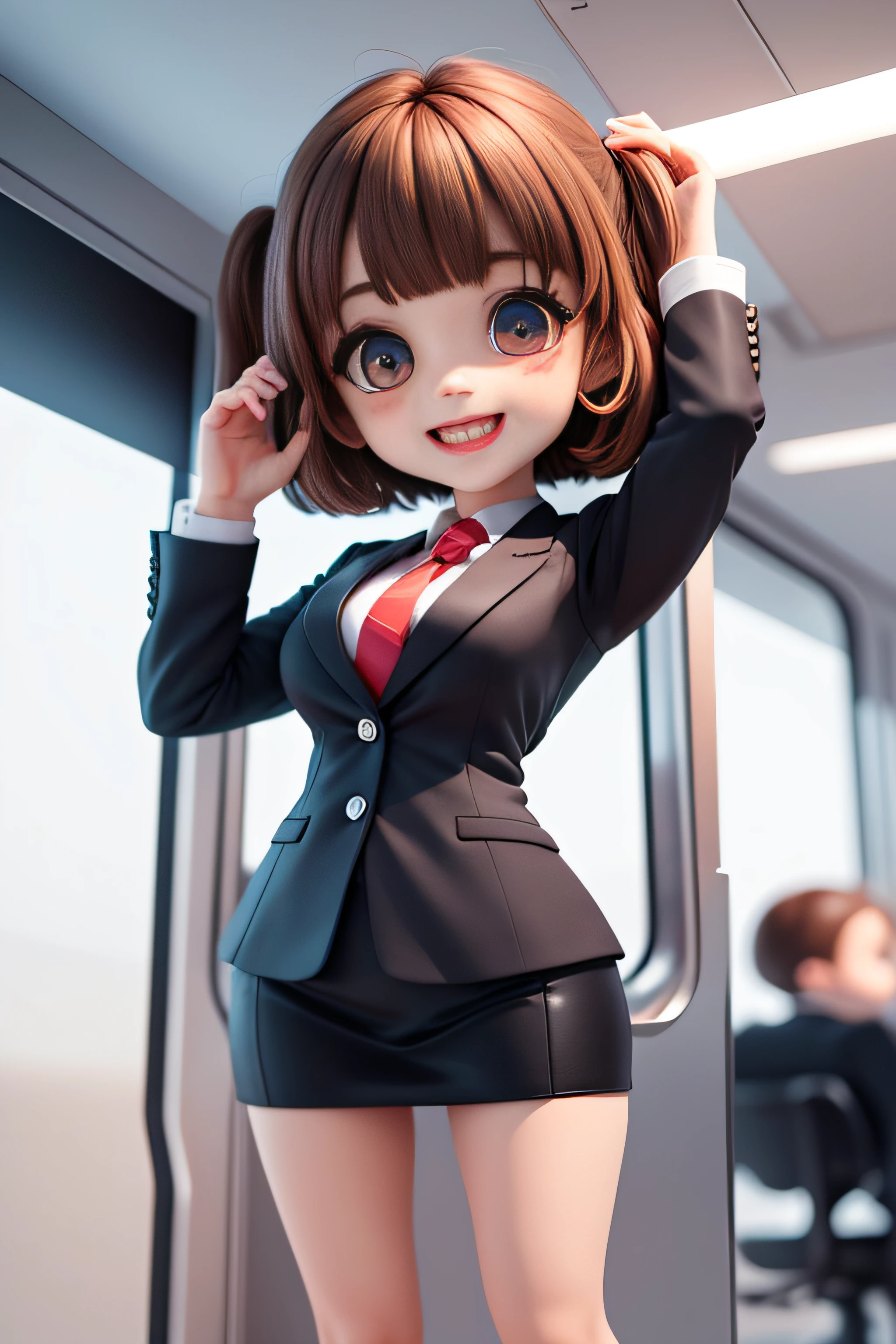 full body, chibi,(masterpiece)(best quality)(super detail),(full body: 1.2)), (girl)))), 20 year old office lady 1, sexy pose, train, cute, smile, open mouth, very slim body, blush, black suit, short hair, company, office, blur, brown hair, black skirt, bangs, black hair, (beautiful detailed face), (beautiful detailed eyes), dynamic poses, dynamic angles,