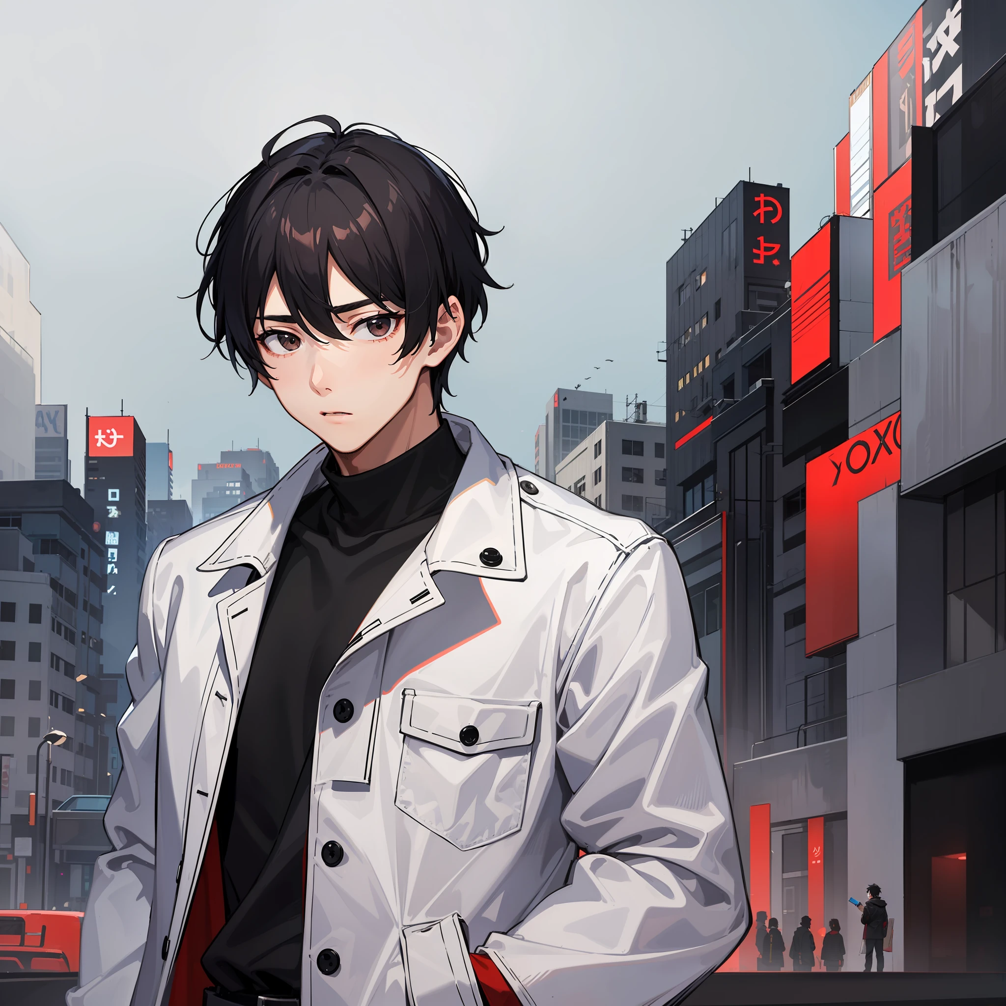 1 Man, Tall, Black hair, sore eyes, Black shirt with white and red coat, Young 20 years,