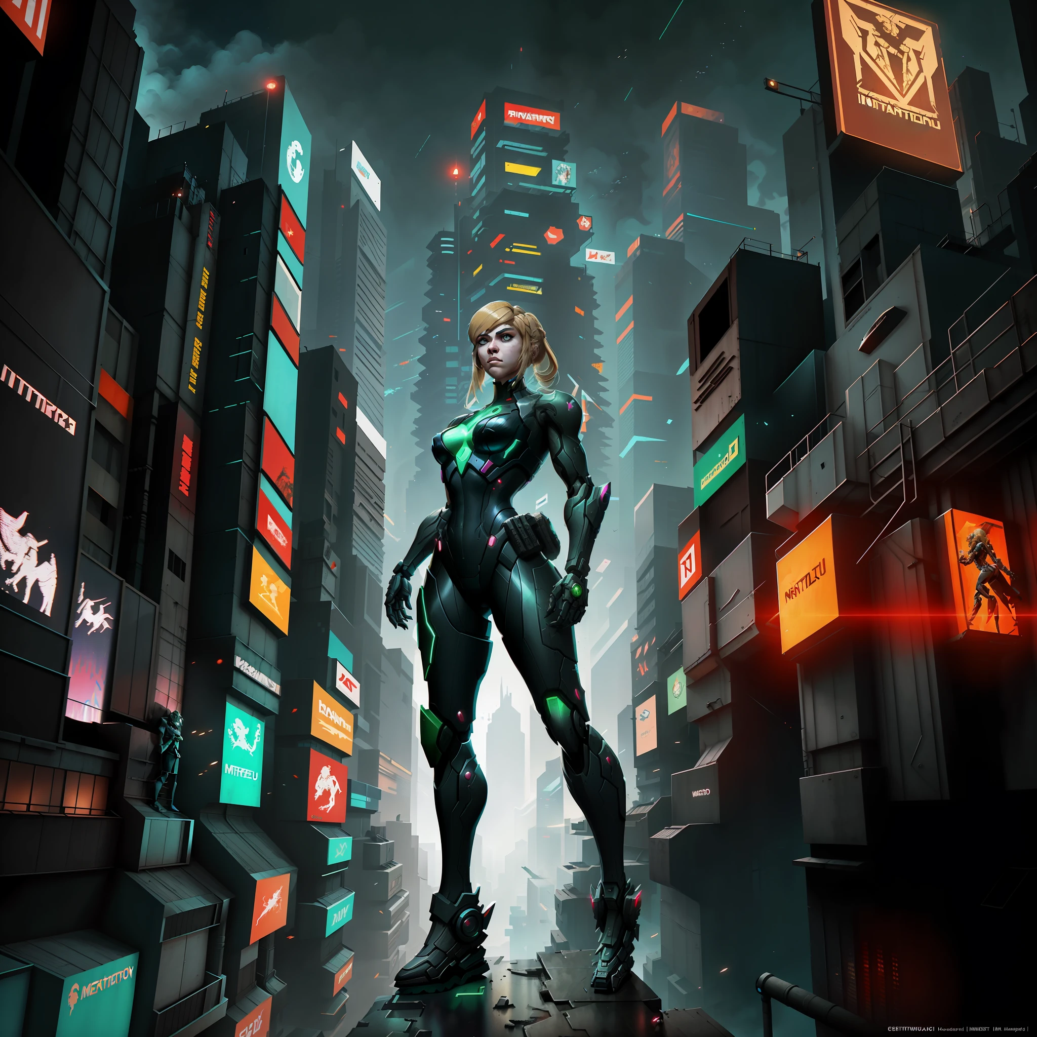 "Type of Image: Fan Art
Subject: Samus Aran, the intergalactic bounty hunter from the Metroid series, in a cyberpunk reimagining. Samus is depicted in her powered armor suit, which is enhanced with hyper-futuristic, cyberpunk elements such as neon highlights, detailed mechanical augmentations, and various technological gadgets. She stands on a skyscraper's ledge in a sprawling cityscape with monolithic megastructures, neon billboards, and a swarm of flying vehicles in the background.
Art Styles: Cyberpunk, Futuristic
Art Inspirations: Syd Mead, Josan Gonzalez."