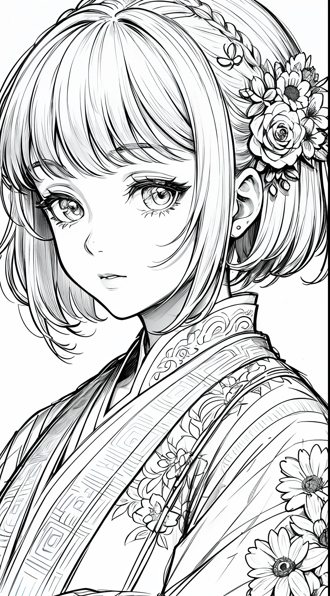 masterpiece, acura, doll, solo, hanfu, short hair,close-up, flower line drawing background, white background, monochrome, line drawing, ((sketch))