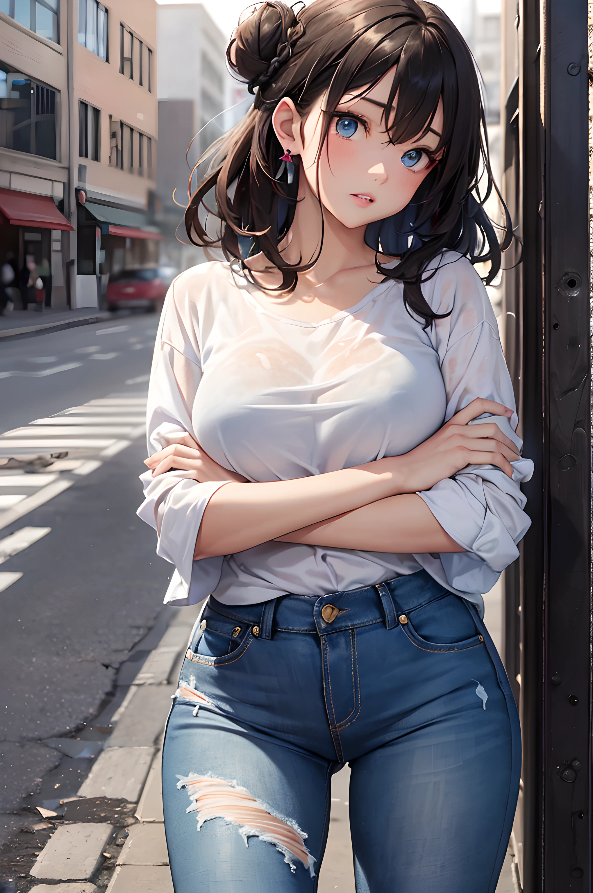 (masterpiece), (portrait), (aesthetic), (beautiful), (upper blody), (high quality), (aesthetic clothings), (professional angle), (rule of thirds), (Feminine), (woman), (female), (beautiful),(feminine features), (21 years), solo, 1 woman, (attractive -), Winter, (Large Paint Drips in body skin clothing), (Morning), (Dramatic light), ((Head Down)), (Crossed Arms Hands), ((Looking Sideways Face)), ((Humiliated)), (Dark Make-up), (Ample Bust), (-), ((Medium Hair)), (Black Hair), (Curly Hair), (Messy Bun hair), (- in Hair), (Narrowed Eyes), (Blue Eyes), (Distressed Look), Pale skin, (- Clothing), (Oversized Shirt), (Paint-Splattered Jeans), (- ), (Crew Neck Neckline), ((Abandoned Building background)), (Medium Shot Shot), beautiful hands, two hands, normal hands, two arms, complete hands, beautiful body, beautiful fingers, normal fingers, four fingers, beautiful ears, normal ears, beautiful eyes, shiny eyes, beautiful mouth, beautiful lips,