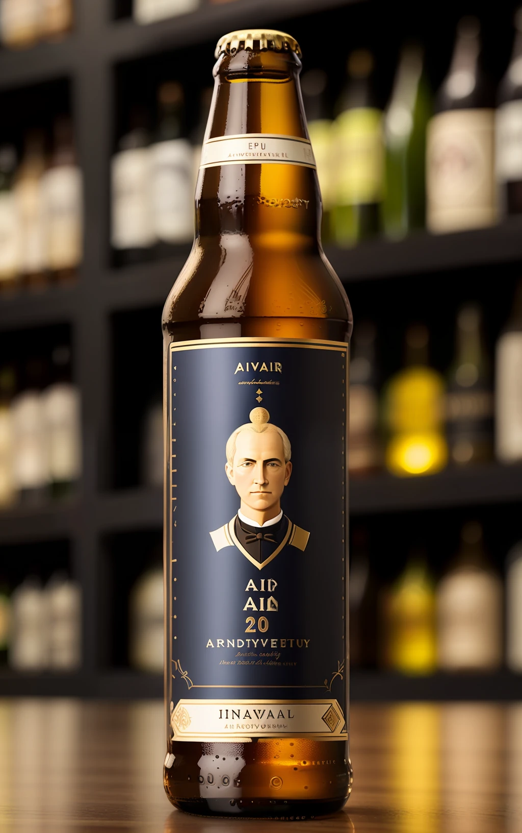A bottle of beer with a prominent label of a featured navigator in European antiquity ((highly detailed face)):2.0, close focus, perfect angle, on table in natural environment, photorealistic, impactful, hd, 8k-- air 3:2