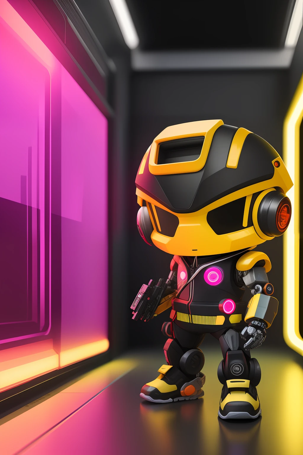 mechanical cyborg, chibi boy, resin mockuP, complex details, looking at viewer, bored pose, full body, black background,super trendy, with yellow hair, bored face, robotic arms, holding black mecha guns, wearing black bullet proof jacket, and black orange nike functional shoes, neon light lines on jacket shorts and shoes, fine luster, clay material,popmart style, cyberpunk, ip by popmart, mockup blind box,studio light, front view, 3d rendering, c4d, octane render, blender, hyper quality, ultra hd, ultra high detail, 8k,