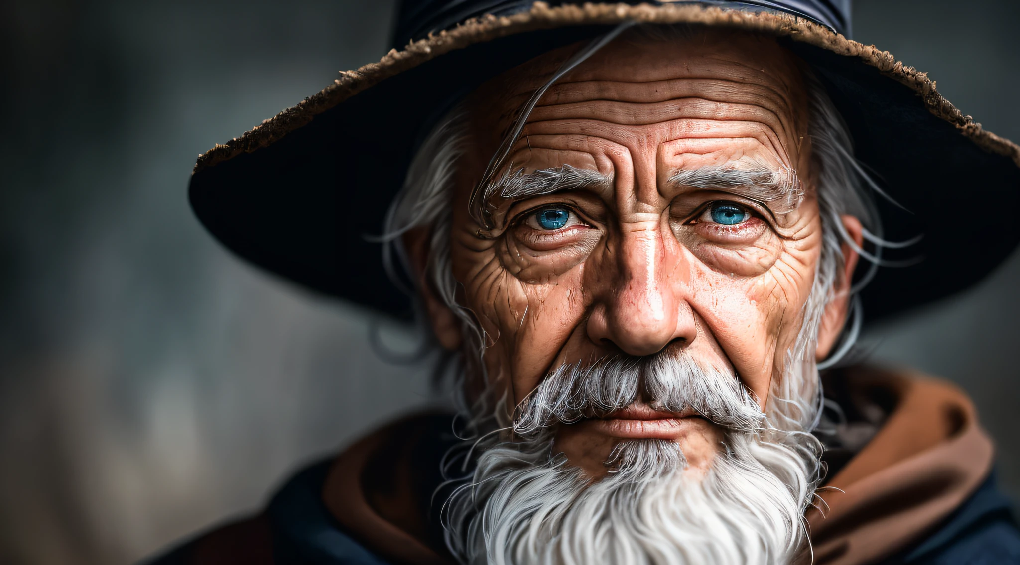 A portrait of a wizard, bearded, wrinkled, weathered, with piercing eyes, detailed face, high details, photography, dark studio, rim light, Nikon D850, 50mm, f/1.4