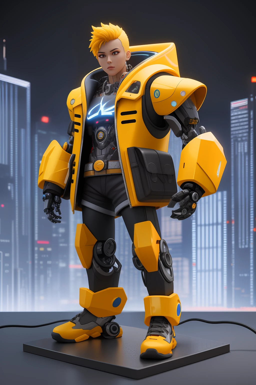 mechanical cyborg, chibi boy, resin mockuP, complex details, looking at viewer, bored pose, full body, black background,super trendy, with yellow hair, bored face, robotic arms, holding black mecha guns, wearing black bullet proof jacket, and black orange nike functional shoes, neon light lines on jacket shorts and shoes, fine luster, clay material,popmart style, cyberpunk, ip by popmart, mockup blind box,studio light, front view, 3d rendering, c4d, octane render, blender, hyper quality, ultra hd, ultra high detail, 8k,