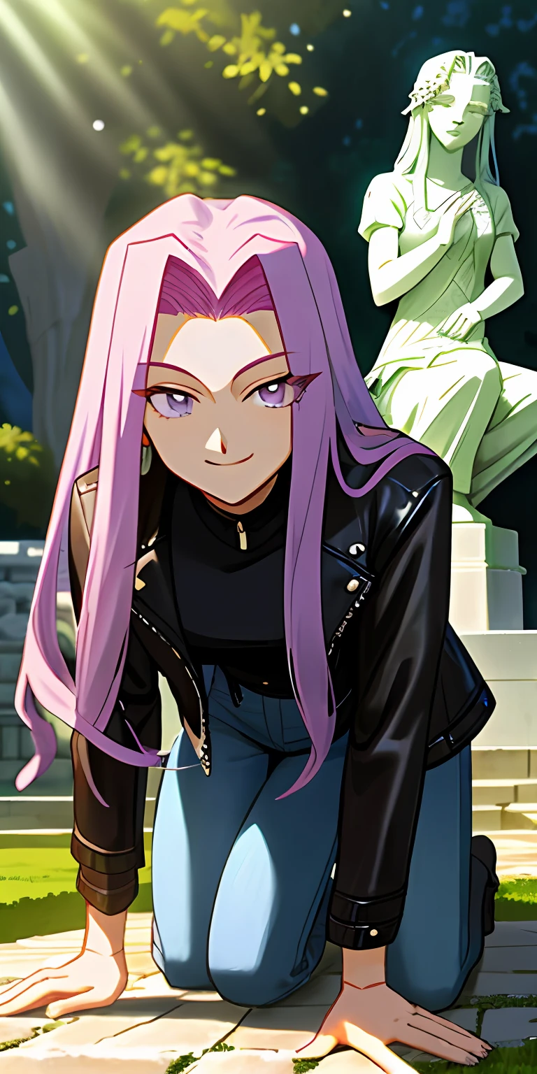 Medusa, Fate, Medusa 8k, Japanese anime style high resolution, perfect hand, perfect eye, detailed eye, detailed hand, leather jacket, jeans, sitting on all fours, smiling, 2d illustration, lilac hair, midday sunlight, garden of white statues, greek temple background