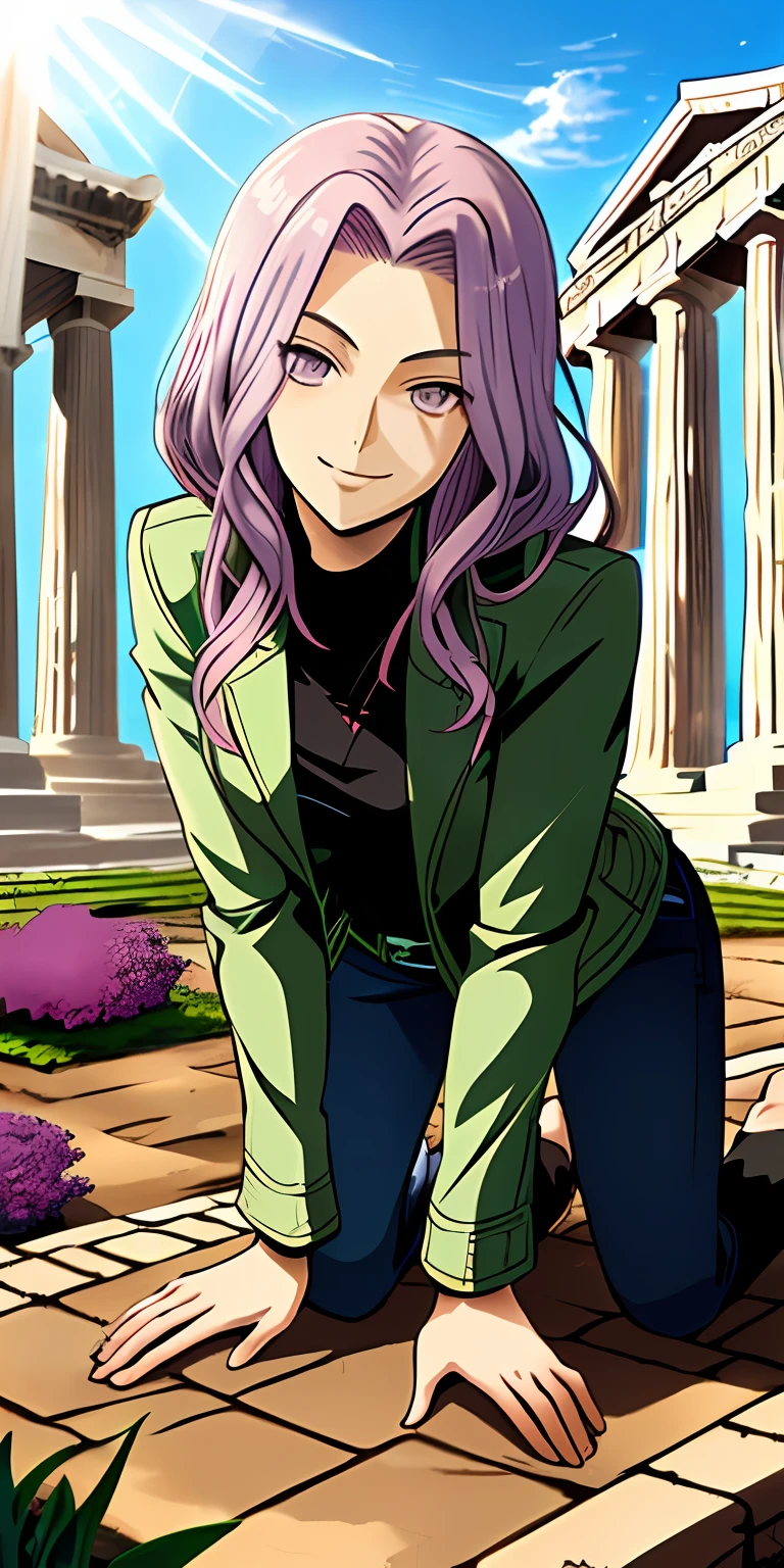 Medusa, Fate, Medusa 8k, Japanese anime style high resolution, perfect hand, perfect eye, detailed eye, detailed hand, leather jacket, jeans, sitting on all fours, smiling, 2d illustration, lilac hair, midday sunlight, garden of white statues, greek temple background