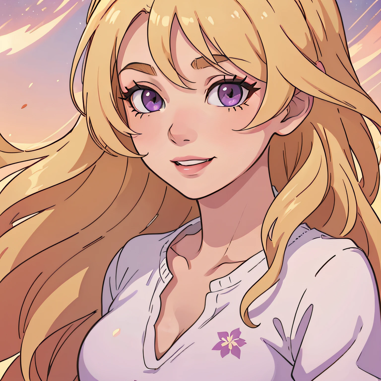 (8K, RAW, professional, best quality, masterpiece:1.2), (realistic,photorealistic:1.37), ultra-detailed, (highest detailed skin:1.2), (highest detailed face:1.2), cinematic lighting, 1girl, ((golden blonde hair)), long hair, ((purple eyes)), glossy lips, full lips, pink lipgloss, young woman, pose, particle, wind, flower, upper body, simple background, looking at viewer, long curly windblown blonde hair, galaxy, backlit, rimlight, beautiful artwork, perfect composition, d cup breasts, comfy clothes, content smile, sweet face