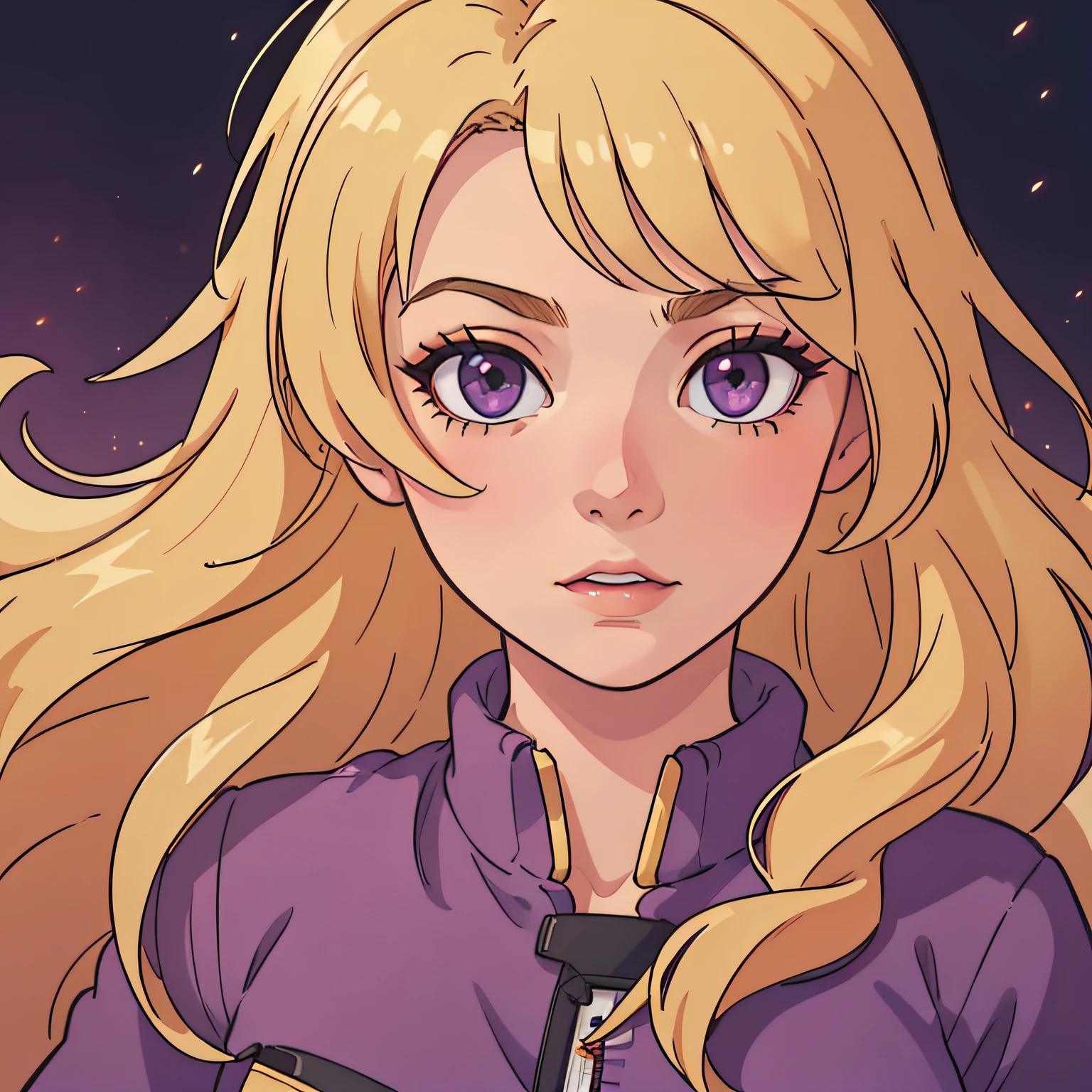 (8K, RAW, professional, best quality, masterpiece:1.2), (realistic,photorealistic:1.37), ultra-detailed, (highest detailed skin:1.2), (highest detailed face:1.2), cinematic lighting, 1girl, ((golden blonde hair)), long hair, ((purple eyes)), glossy lips, full lips, pink lipgloss, young woman, pose, particle, wind, flower, upper body, simple background, looking at viewer, long curly windblown blonde hair, galaxy, backlit, rimlight, beautiful artwork, perfect composition, d cup breasts, comfy clothes