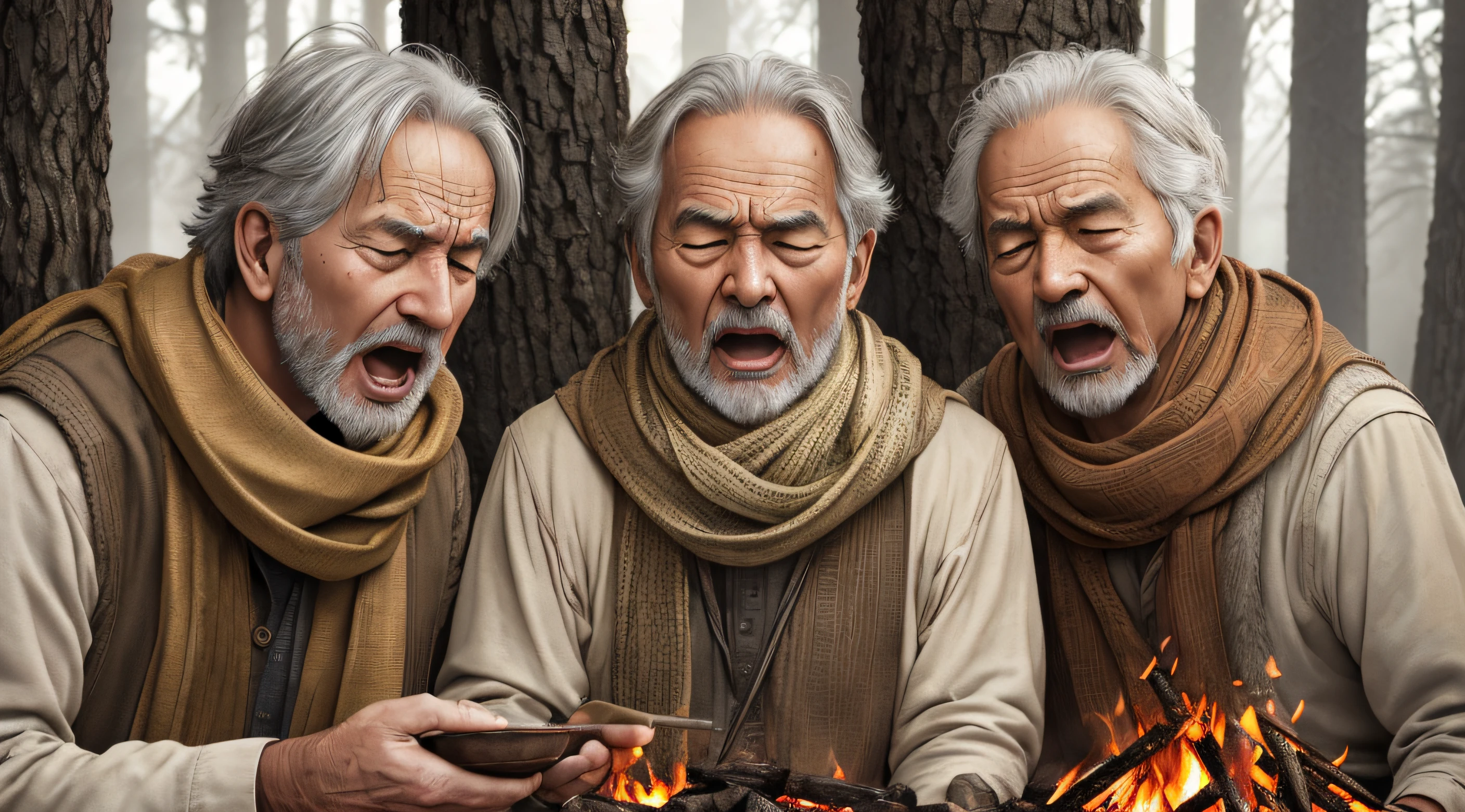 Award-winning portrait of (six) men expression of anger(screaming), scarf, (eyes closed) sitting around a campfire(reflecting) wrinkles, English, multiple faces, 8K artistic portrait, symmetrical faces, (bokeh: 0.5), side lighting, (face wrinkled in detail: 0.9), telephoto, forest, realistic, stove intricate details, true texture of aged skin. --auto --s2