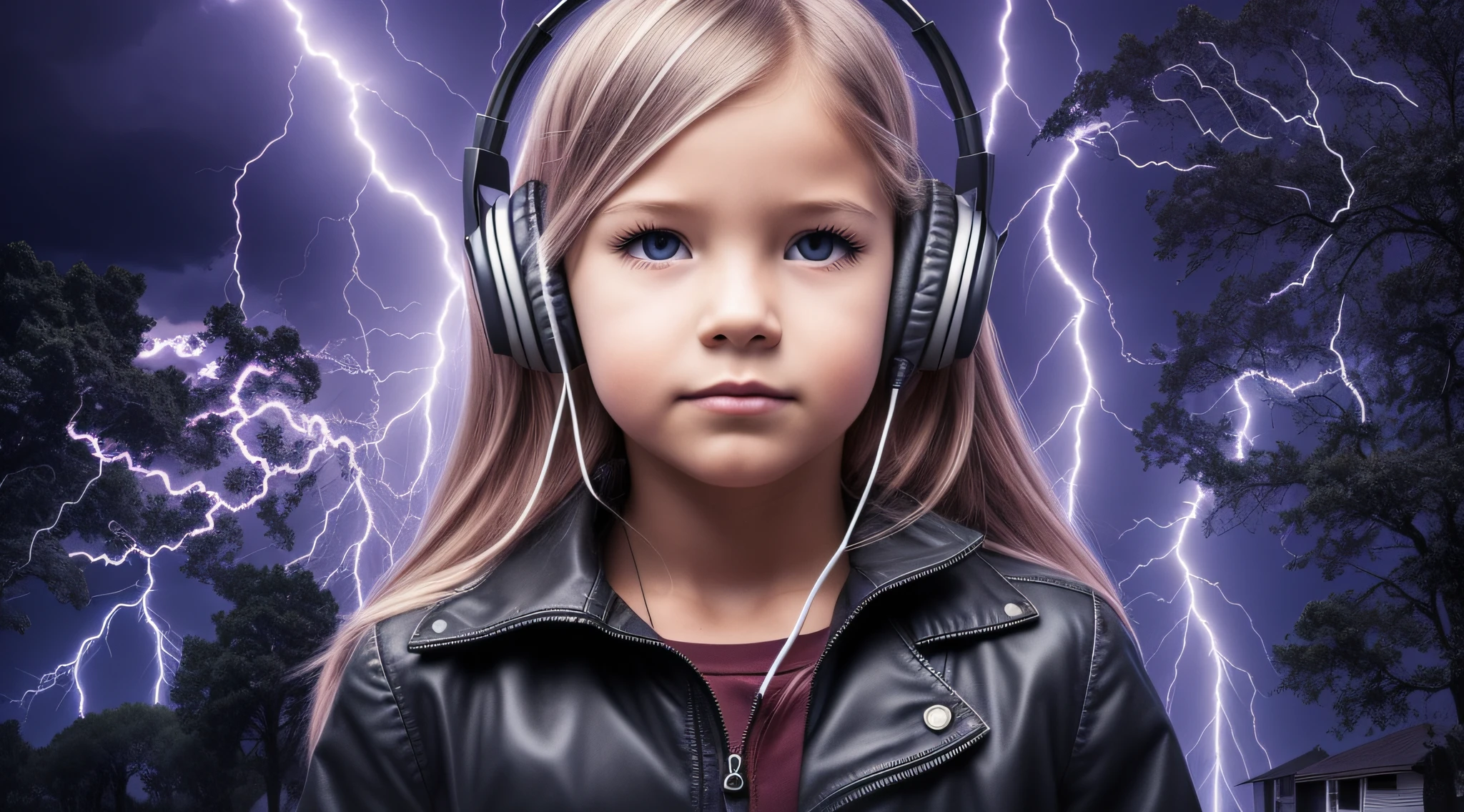 a CHILD'S GIRL long-haired blonde From headphones, silver leather jacket, lightning, with thunderstorms, thunderstorms, with lightning, crackling with lightning, lightning storms, storms, there are lightning, thunder, lightning!!!, lightning effects, severe weather storms, electrical storm, lightning storm, detailed lighting and thunder, during a storm, in a lighting storm,  thunderstorm, dark storms with lightning