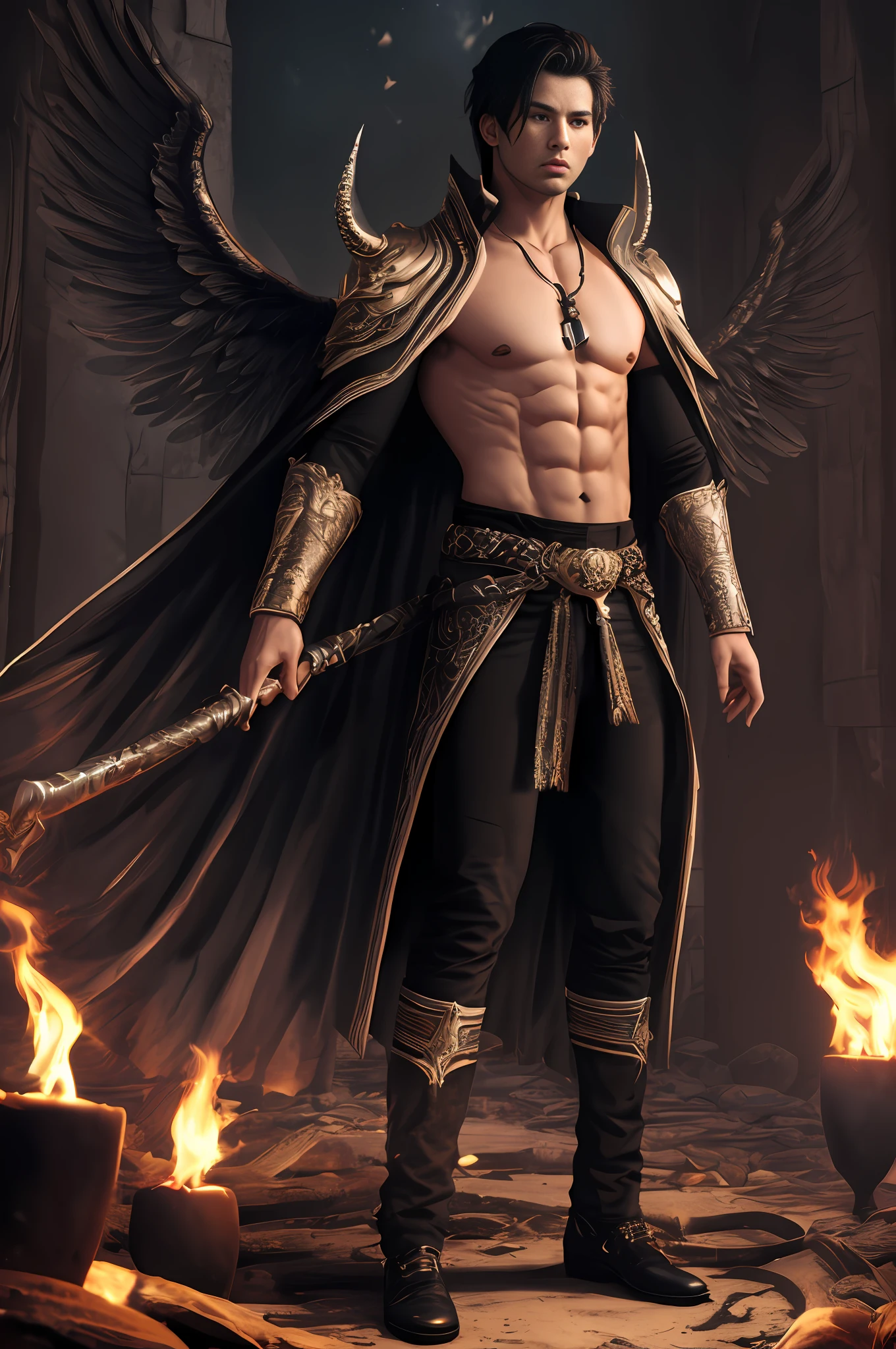 Lucifer , standing,black hair , dominating personality, topless, fit body, black wings,slaves crawling,best quality, more details, masterpiece, full body portrait ,8k, detailed, ray tracing, depth of field, cinematic lighting,