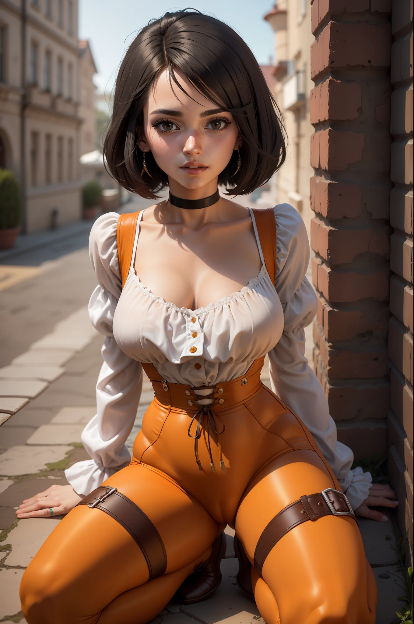 masterpiece, best quality,3d rending work ,3DMM style,close-up, 3D,1girl, solo, black hair, realistic, upper body, fantasy castle background, parted lips, choker, makeup, (medium perky breasts) realistic natural breasts, cleavage, garnet, ffix, skin tight orange pants, orange suspenders, white shirt with frills, short black hair, egyptian bob haircut, sitting on a low wall, spreading legs, cameltoe