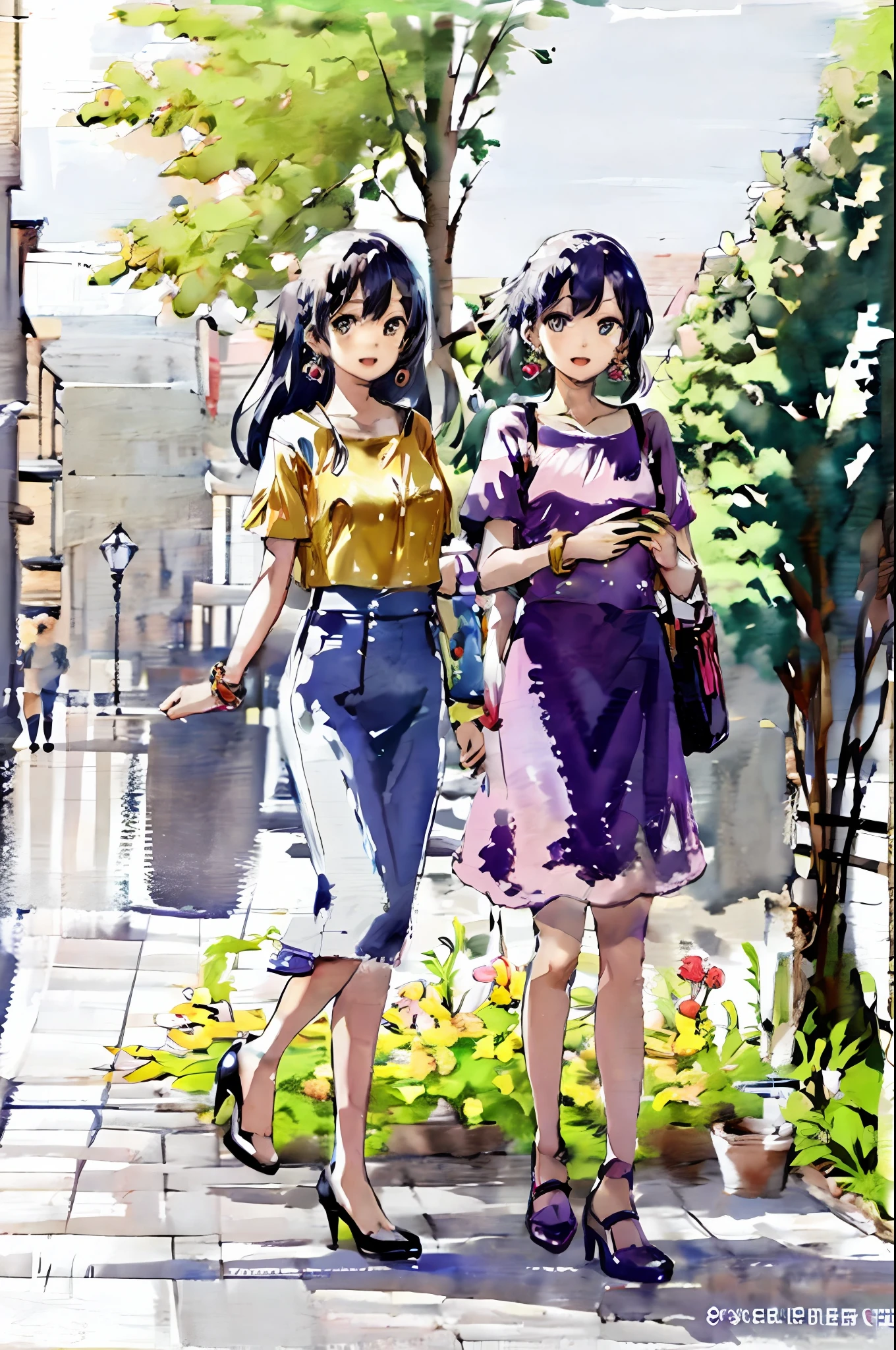 in the style of AImanhwa, 2girls, bag, bangle, black footwear, black hair, blouse, bracelet, dress, earrings, floral print, handbag, high heels, holding, holding bag, jewelry, long hair, looking at viewer, multiple girls, open mouth, short sleeves, shoulder bag, skirt, smile, standing, strappy heels, watch, white footwear, wristwatch ,