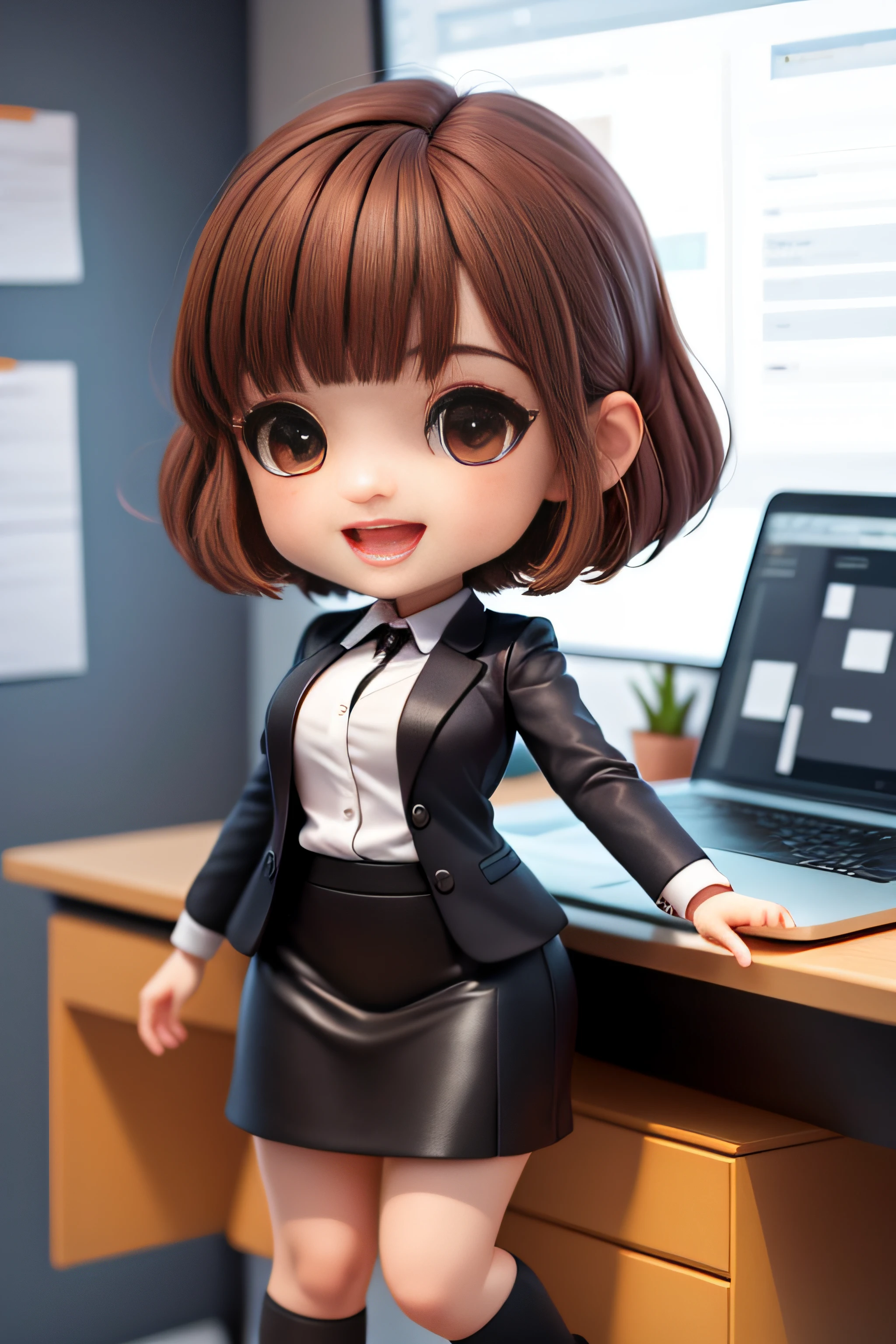 full body, chibi, (masterpiece), (highest quality), (super detailed), (full body: 1.2), ((girl))), 20 year old office lady one, cute, smiling, open mouth, very slim body, documents, laptop, files, blush, black suit, short hair, company, office, blur, brown hair, black skirt, bangs, black hair, (beautiful detailed face), ( Beautiful detailed eyes), meeting room