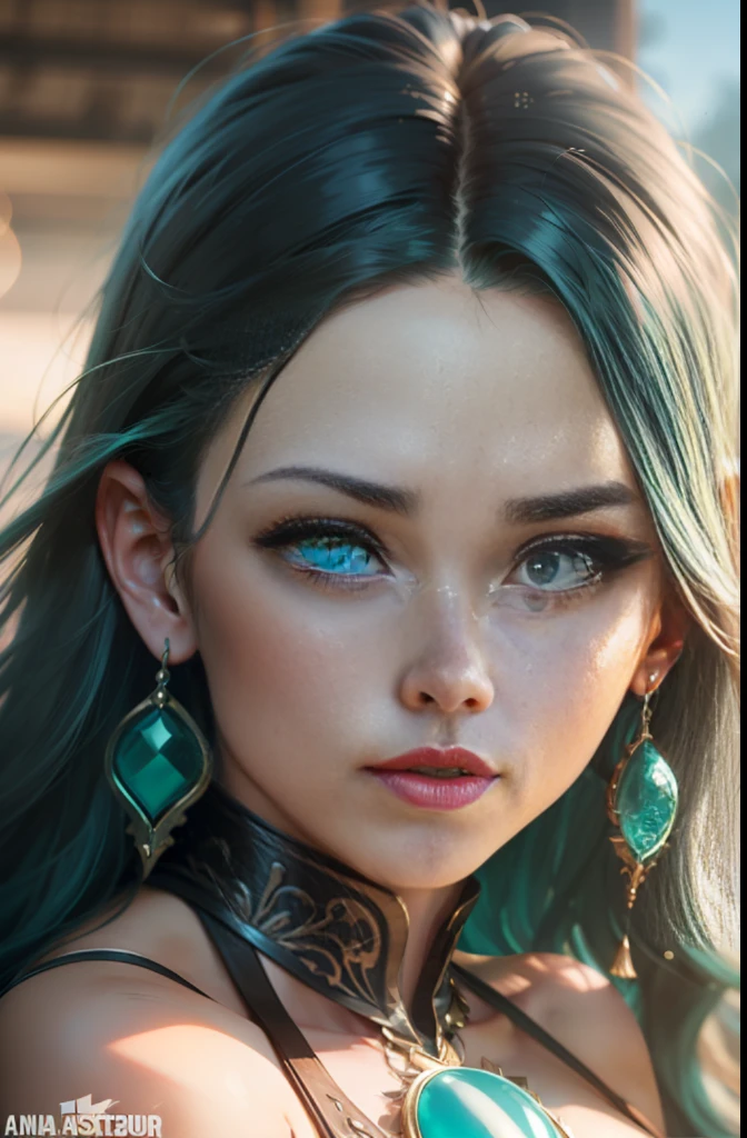 hyper realistic, ultra detailed photograph of a barbarian woman, ((Jade ocean:1.25)), golden jewelry, shiny, sunlight fractal details, (Anna Steinbauer:1.5), depth of field, HOF, hall of fame, detailed gorgeous face, apocalyptic environment, natural body posture, professional photographer, captured with professional DSLR camera, trending on Artstation, 64k, ultra detailed, ultra accurate detailed, bokeh lighting, surrealism, Thomas Kinkade background, urban, ultra unreal engine, ((Pauline Voß)), ((Pascal Quidault)), ((Anna Helme)), Martina Fackova, intricate, epic, freckles, peach fuzz, detailed mascara