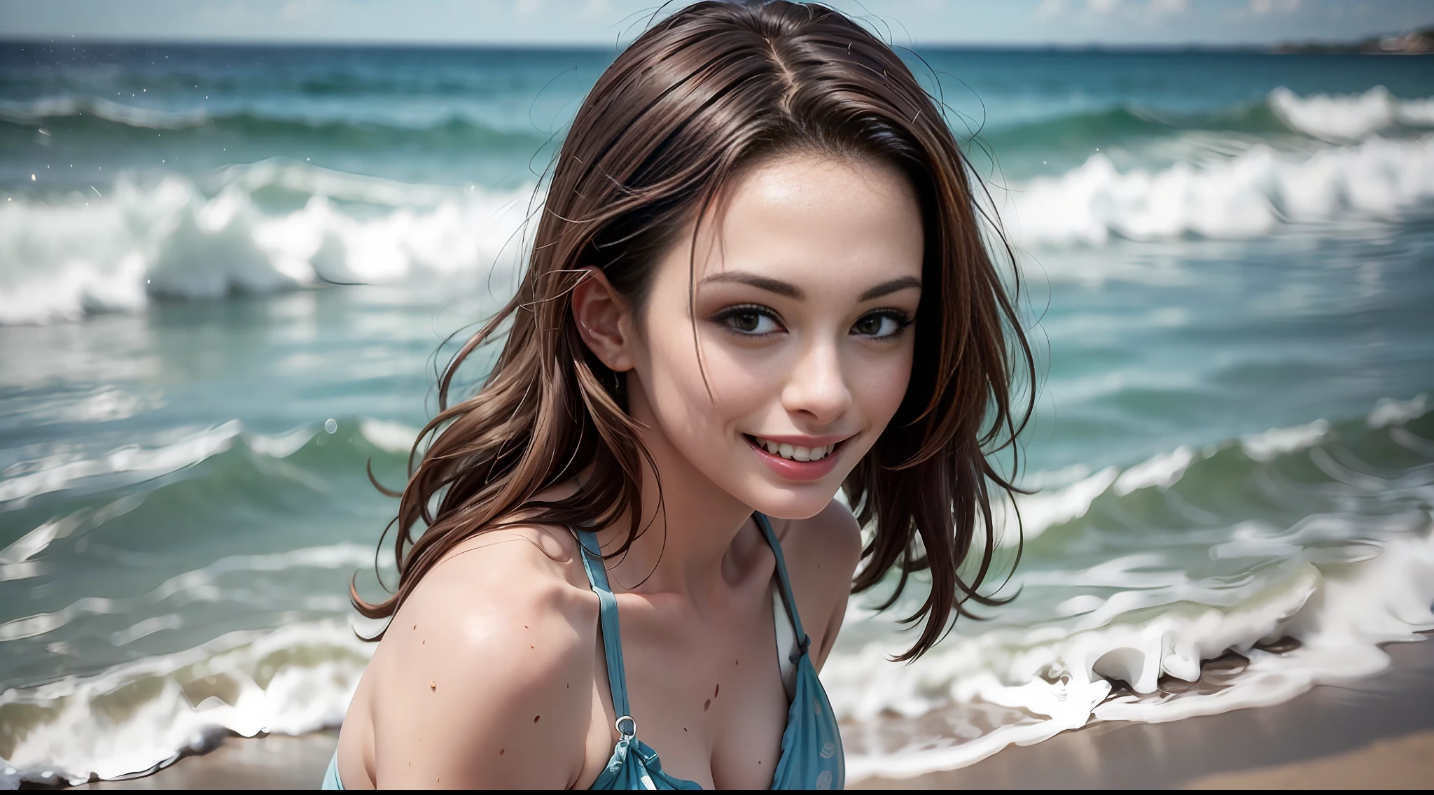 Raw photo, ((best quality, 8k, master piece, :1.3)), clear focus: 1.2, (Anne Hathaway: 1.2), (swimsuit: 1.1), lovely smile, small, slender, sea, beach