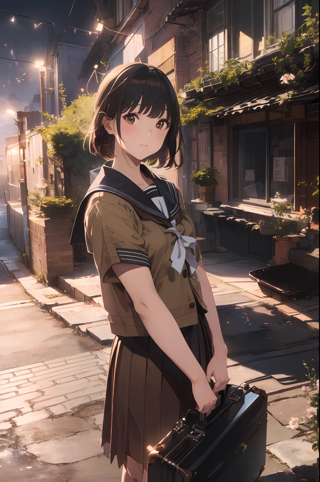 (extremely detailed CG unity 8k wallpaper,masterpiece, best quality, ultra-detailed, beautiful detailed eyes:1.2),best illumination, (best shadow, an extremely delicate and beautiful, bloom),1gril,solo, seifuku, brown clothes,arafed  ,woman in a school uniform holding a brown suitcase, loose coat collar sailor uniform