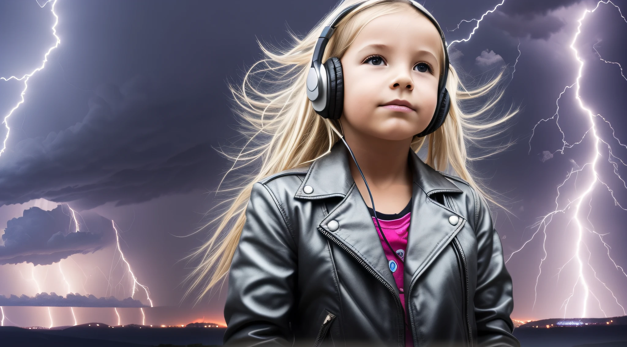 a CHILD'S GIRL long-haired blonde From headphones, silver leather jacket, lightning, with thunderstorms, thunderstorms, with lightning, crackling with lightning, lightning storms, storms, there are lightning, thunder, lightning!!!, lightning effects, severe weather storms, electrical storm, lightning storm, detailed lighting and thunder, during a storm, in a lighting storm,  thunderstorm, dark storms with lightning