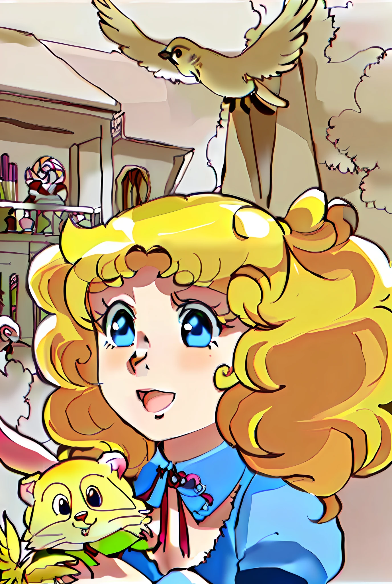A blonde girl, , fair skinned, blue eyes, Candy Candy style of with a cat and a bird flying over her head, anime art style, (colorful), colorful manga and anime by Kyoko Mizuki and drawn by Yumiko Igarashi.
