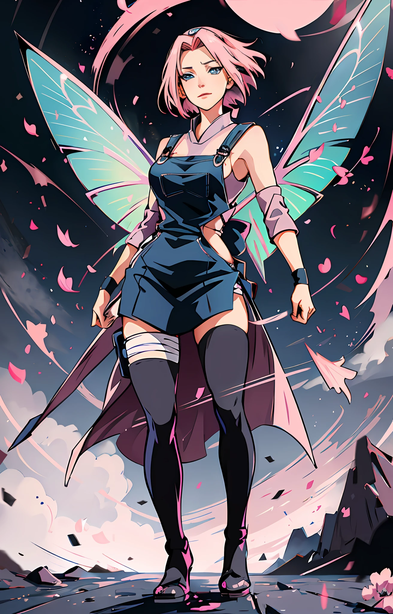 Sakura haruno, ((solo)), alone, ((forehead to show)), elegant,wearing black overalls, pink hair, delicate, young, short hair, detailed face, high definition, ((full body)), (blue rays around her), full body, ((electric)), manipulating thunder in a school,ray fairy, winx club, she is a beautiful woman with thunder wings sticking out of her back, face with high quality,  fairy, wings