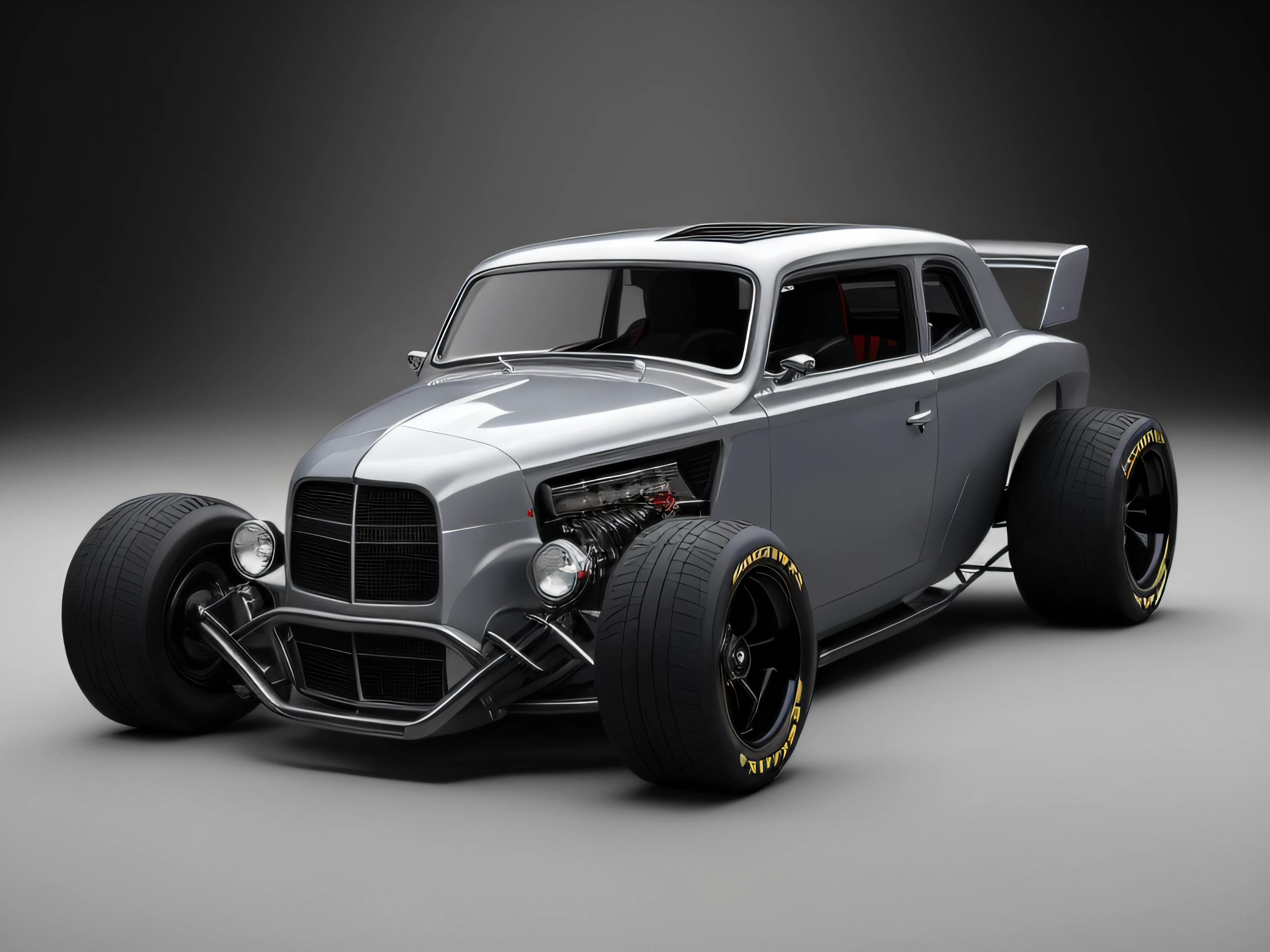 (best quality) A breathtaking 3/4 front view of a (futuristic fpunk hotrod zeekars) (with glowing tires), (parked at a sleek parking lot), full of dynamic energy and technological sophistication.