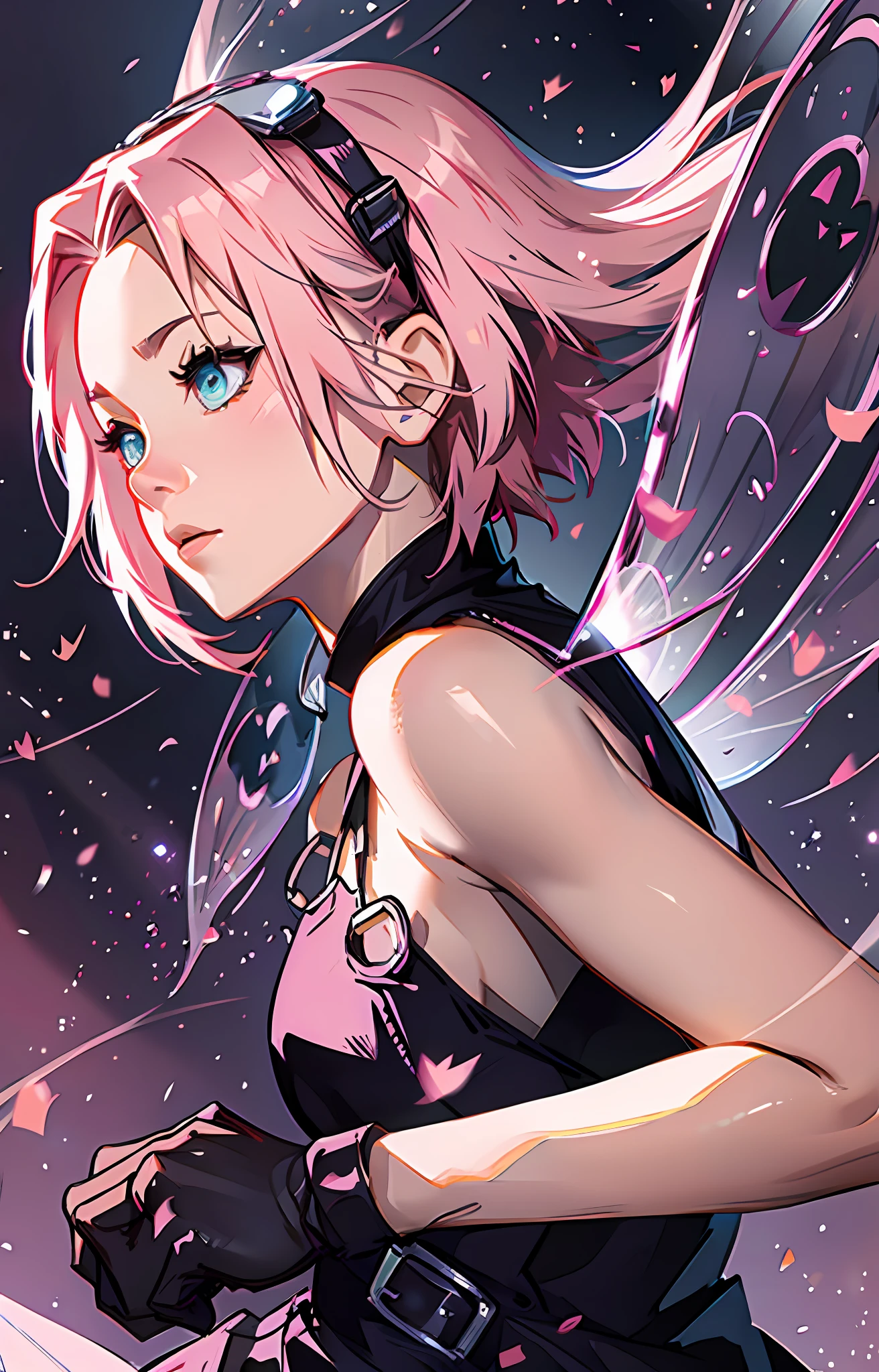 Sakura haruno, ((solo)), alone, ((forehead to show)), elegant,wearing black overalls, pink hair, delicate, young, short hair, detailed face, high definition, ((full body)), (blue rays around her), full body, ((electric)), manipulating thunder in a school,ray fairy, winx club, she is a beautiful woman with thunder wings sticking out of her back, face with high quality, fairy, wings