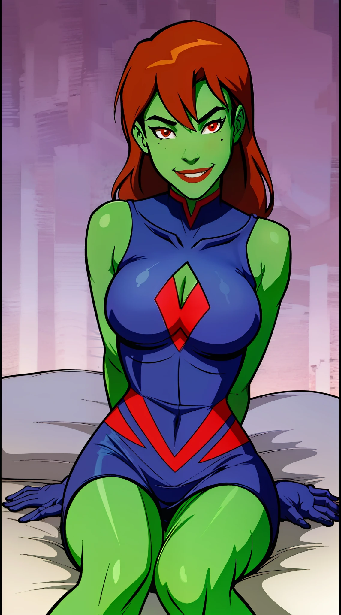 Miss martian, cute smile, sitting down on a bed