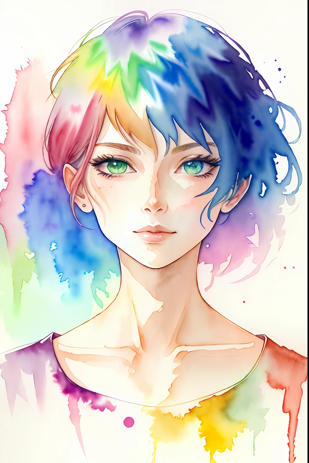 ( watercolor \(medium\), drawing, IrisCompiet:1.2),painting of woman, psychedelic background, rainbow theme, sfw