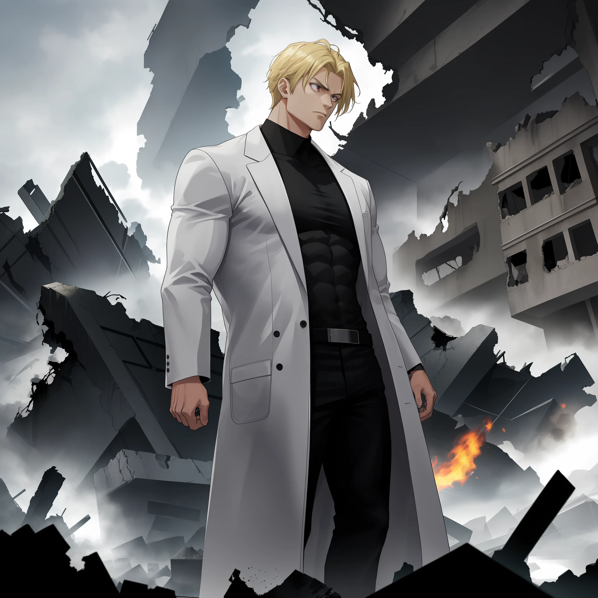 Muscular man with blonde hair, wearing a black shirt and a white coat, standing in front of a backdrop of a destroyed castle, emanating an intimidating aura.