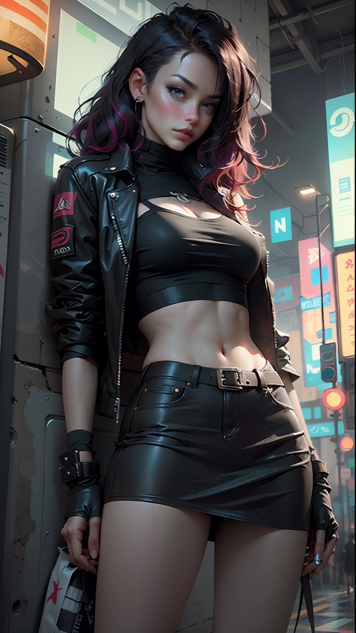 Beautiful woman, dyed hair, leather clothes mini sexy skirt, short skirt, long breasts, cyberpunk style, realistic details, close, portrait