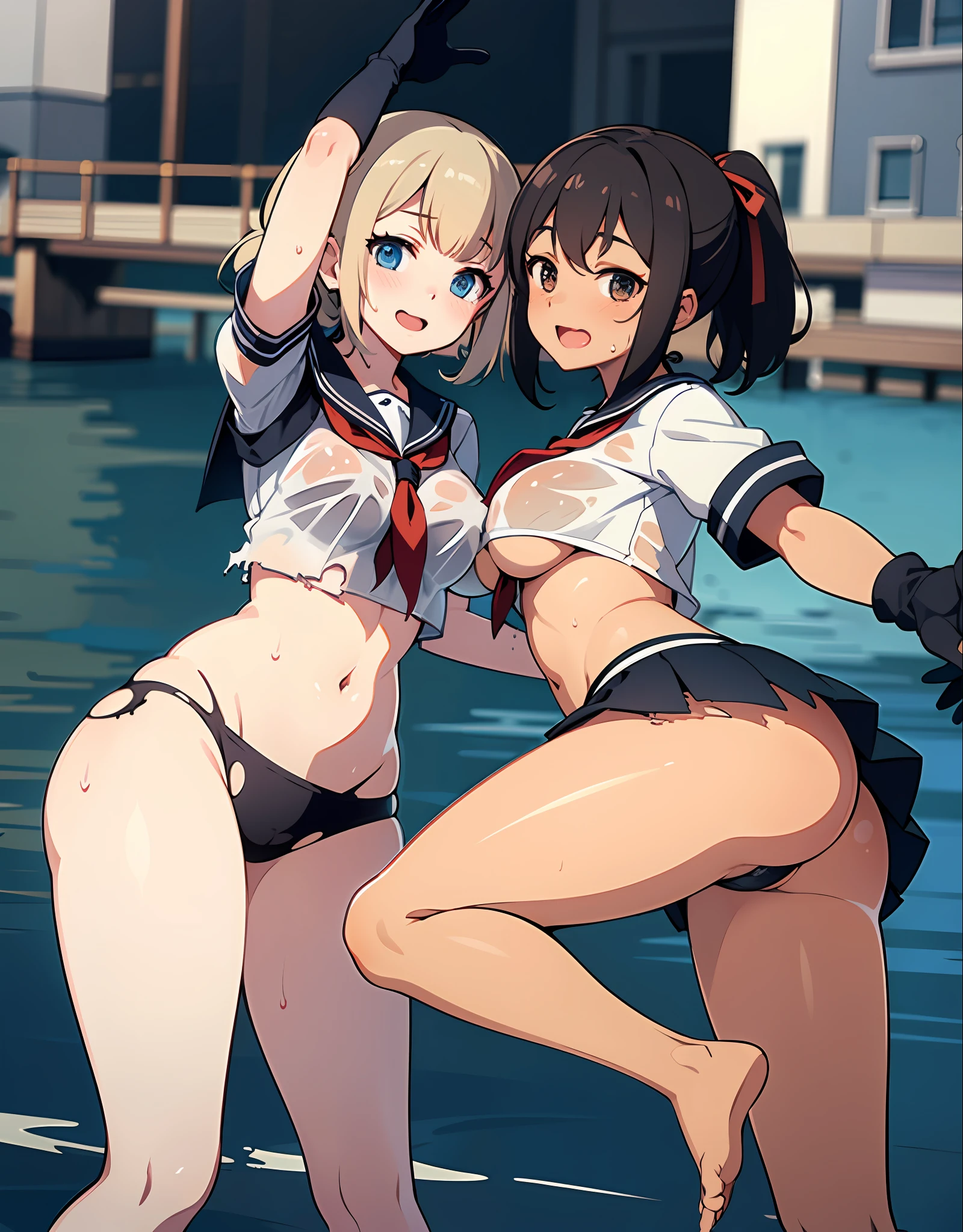 kancolle,ung_teerls、loli、brhair、short_ponytail, long_bangs、blue_midriff_baring_sailor_uniform、mini_skirt、short_sleeve、thighthighs、big_tits, sleepy, Sorrisos、open_mouth、dynamic_pose, childlike_posing ,harbor,dock_background、spread_legs、happiness、NSFW、short_gloves, (wet:1.4),transparent,covered_nipples, covered_crotch, under_tits, sweat, bare_thighs, large_ass, covered_anal, back_view,(torn_clothes:1.2)