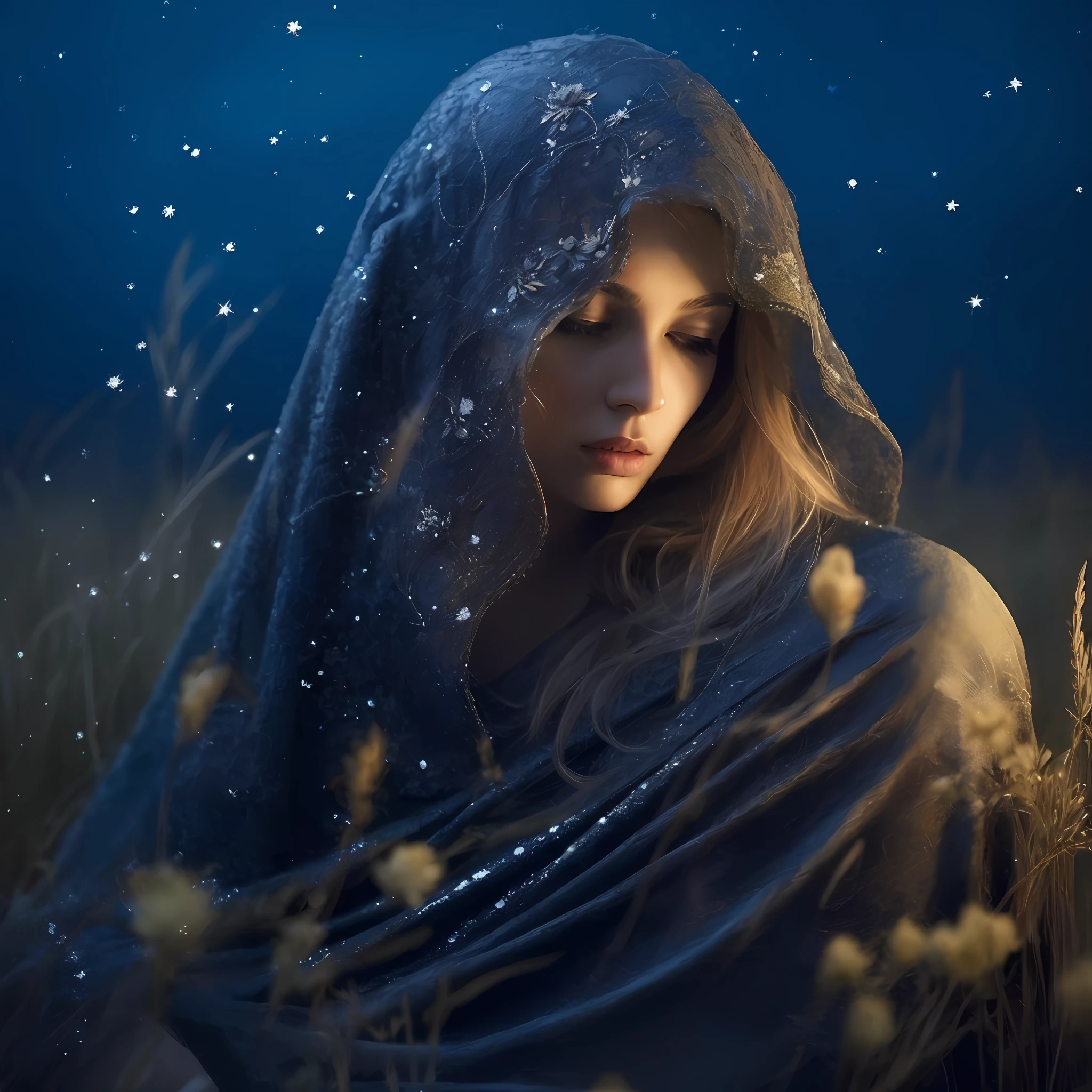 arafed woman in a blue cloak and a flower in a field, beautiful fantasy portrait, fantasy portrait, beautiful portrait photo, cloaked woman, mysterious woman, fantasy woman, karol bak uhd, beautiful and mysterious, beautiful fantasy art portrait, atmospheric portrait, beautiful fantasy maiden, high quality fantasy stock photo, fantasy art portrait, fantasy photography, beautiful lonely girl