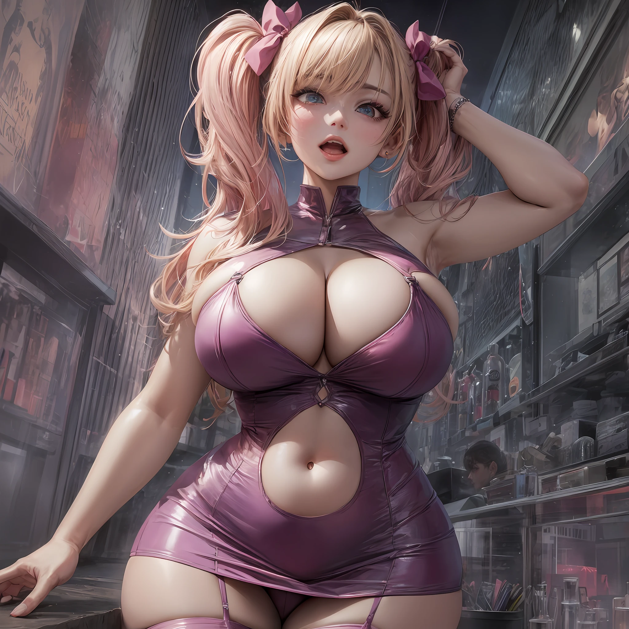 Ahegao, Adult Woman, Adult with blue eyes, with Blonde Pigtails with big hair bows wearing a very skintight pink club dress, huge boobs, Lots of cleaveage, very curvy, thigh highs, Curvy. Slutty, Pink Vibe, Pink Environment, Bar, Club, Pink Aesthetic, Bows In her Hair. photorealistic, ultra high res, intricate, hyperdetailed, (skindentation), cute, feminine, [symmetrical:0.8], detailed body , (detailed face:1.1), (outlined iris), (hidrocor lenses), (perfect eyes), 4k, beautiful, (masterpiece:1.2), (best quality:1.2), :1.3