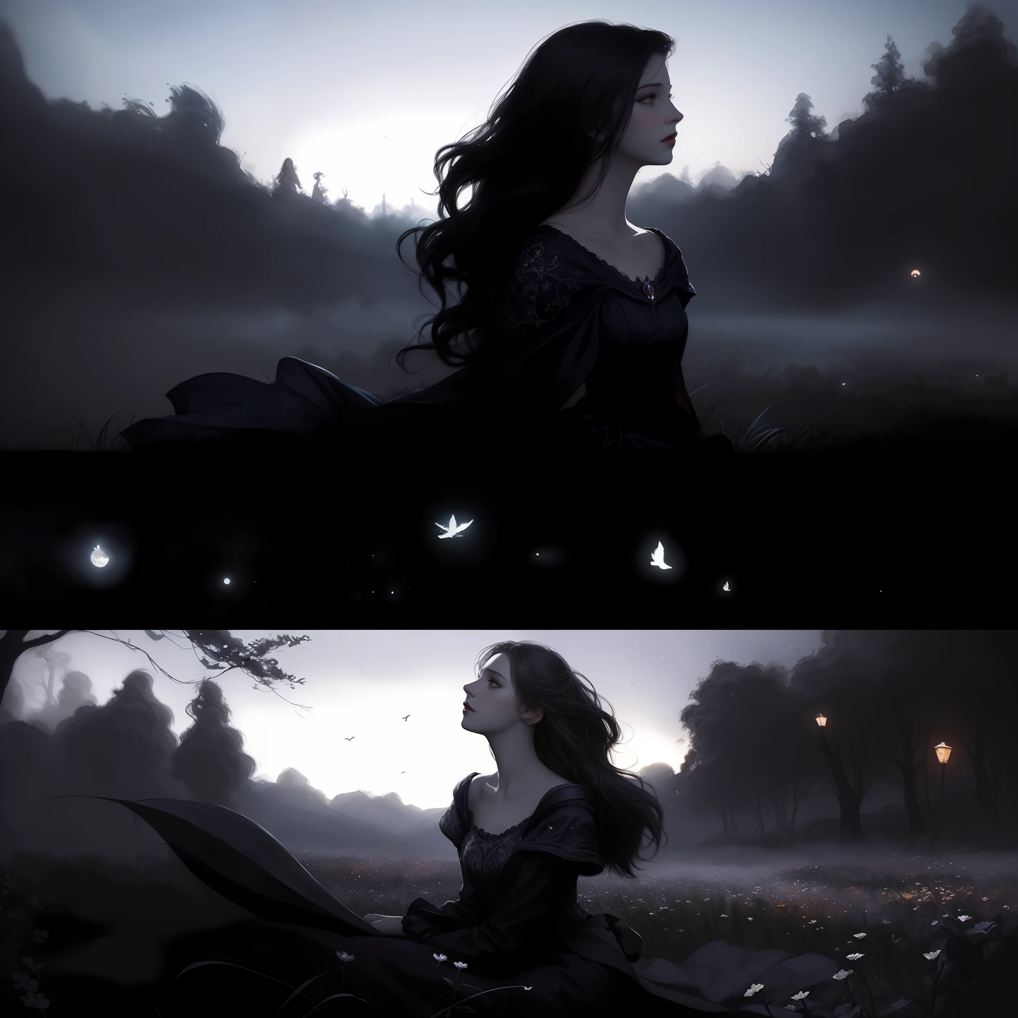 there are two pictures of a woman sitting in a field, inspired by Jakub Schikaneder, dreamy and ethereal and dark, charlie bowater art style, luthien, twilight ; digital painting, detailed fanart, a beautiful artwork illustration, beautiful digital illustration, edmund blair and charlie bowater, fairytale artwork, inspired by Charlie Bowater