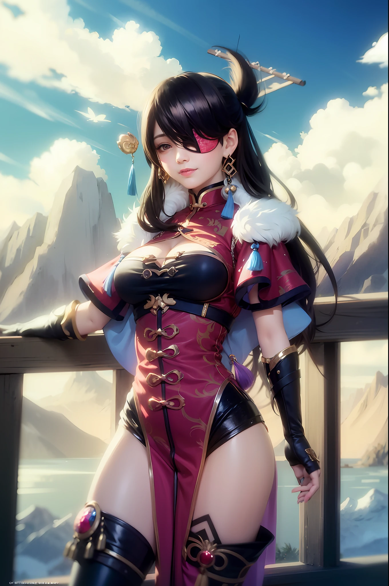 masterpiece, best quality, 1girl, solo, long hair, breasts, looking at viewer, smile, bangs, large breasts, brown hair, hair ornament, red eyes, thighhighs, gloves, dress, cleavage, jewelry, medium breasts, closed mouth, thighs, cowboy shot, earrings, outdoors, sky, shorts, day, black gloves, cloud, fingerless gloves, hair over one eye, blue sky, fur trim, clothing cutout, capelet, bird, chinese clothes, eyepatch, red dress, pelvic curtain, fur collar, hairpin, one eye covered, mountain, railing, hair stick, red capelet, beidou (genshin impact),