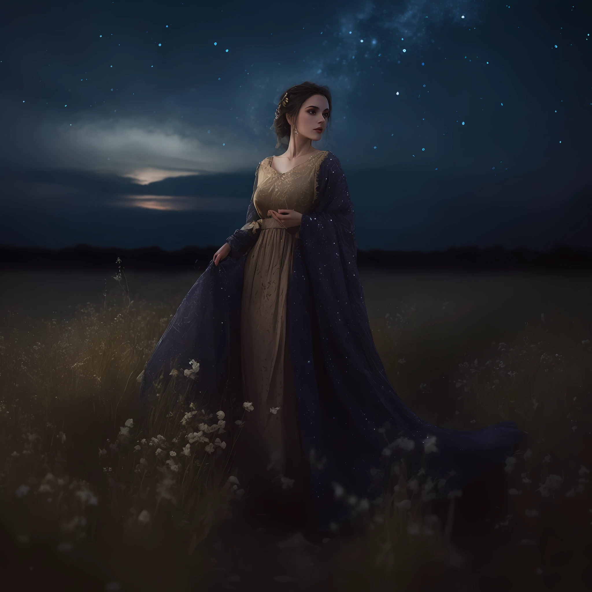 arafed woman in a long dress standing in a field at night, fantasy portrait, fantasy genre portrait, fantasy photography, by Adam Marczyński, by Tadeusz Pruszkówski, by Ivana Kobilca, by Aleksander Kobzdej, high quality fantasy stock photo, with stars, dreamy and ethereal and dark