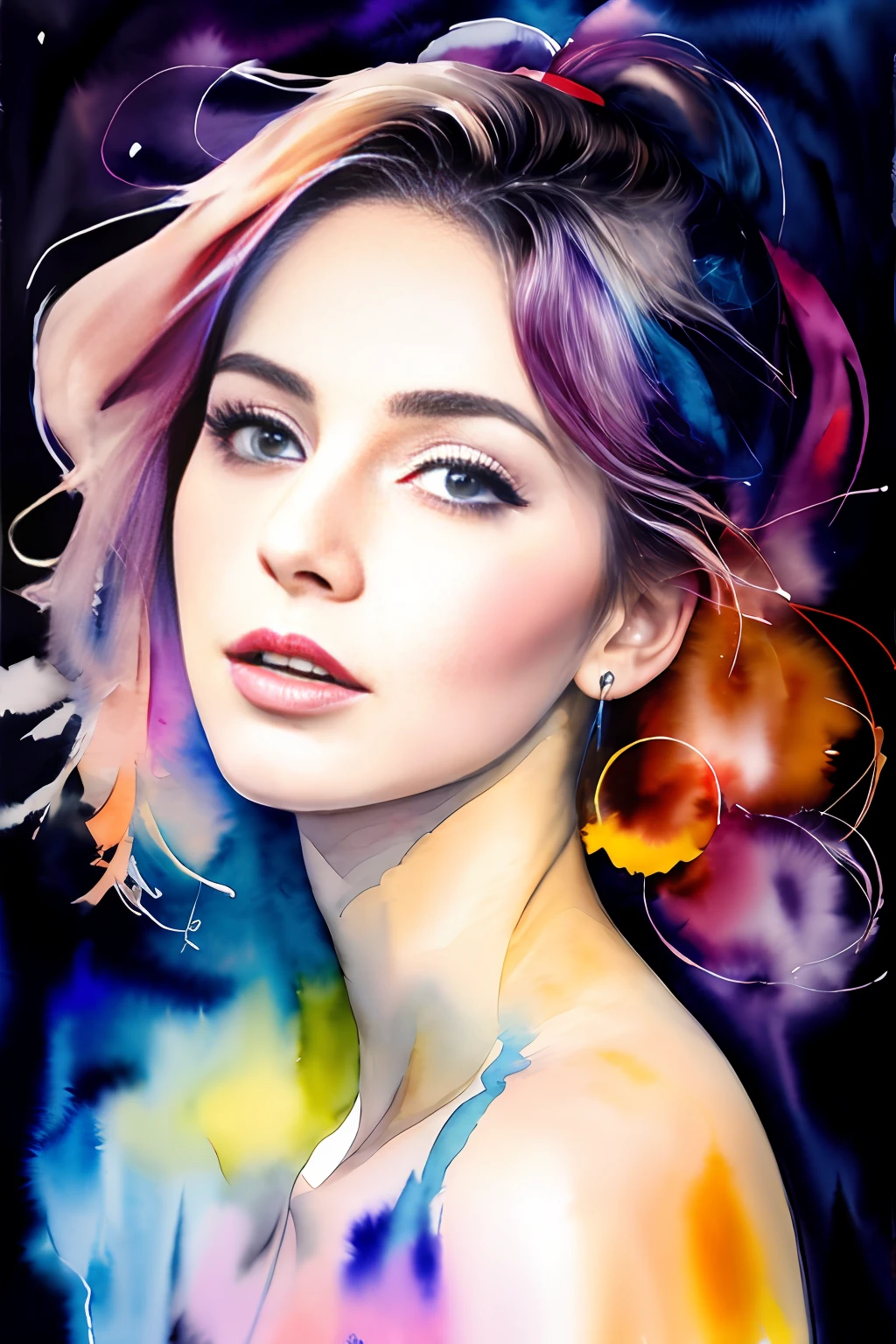 (8k, best quality, masterpiece:1.2),(best quality:1.0), (ultra highres:1.0), watercolor, a beautiful woman, shoulder, hair ribbons, by agnes cecile, half body portrait, extremely luminous bright design, pastel Color, (Ink: 1.3), Autumn Lights